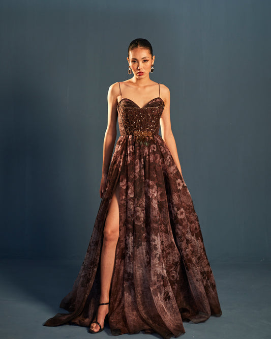 Floral print organza gown with embroidered bodice