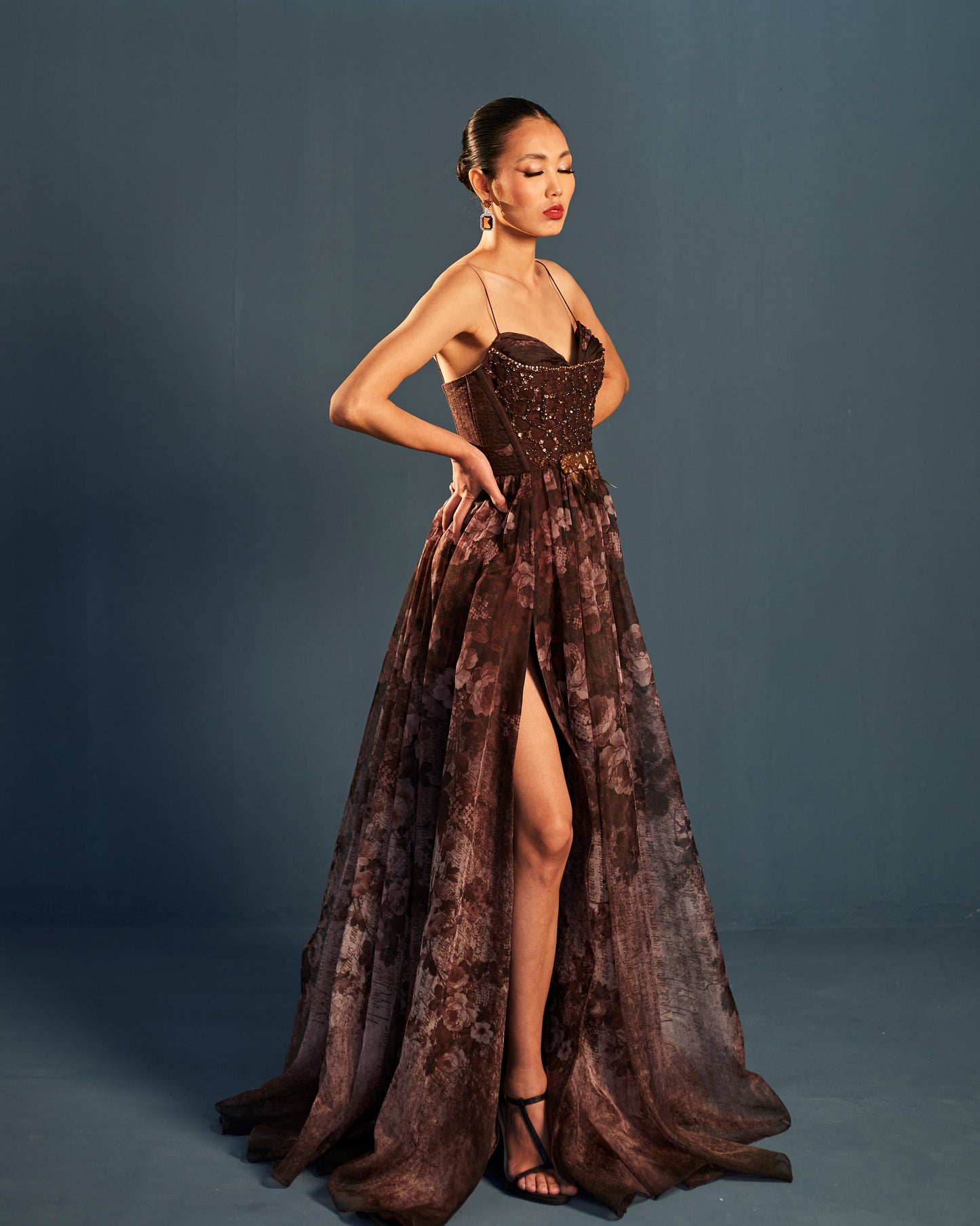 Floral print organza gown with embroidered bodice