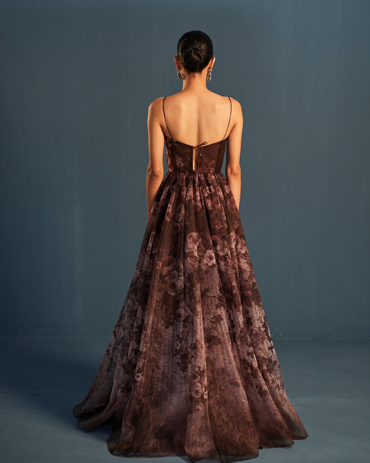 Floral print organza gown with embroidered bodice
