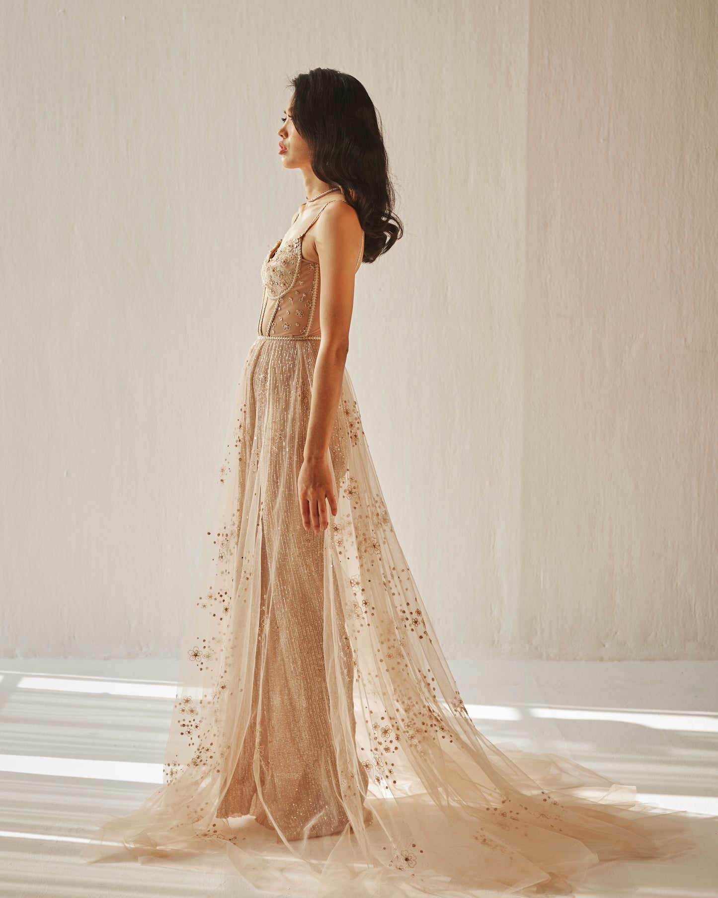 Nude embroidered tulle gown