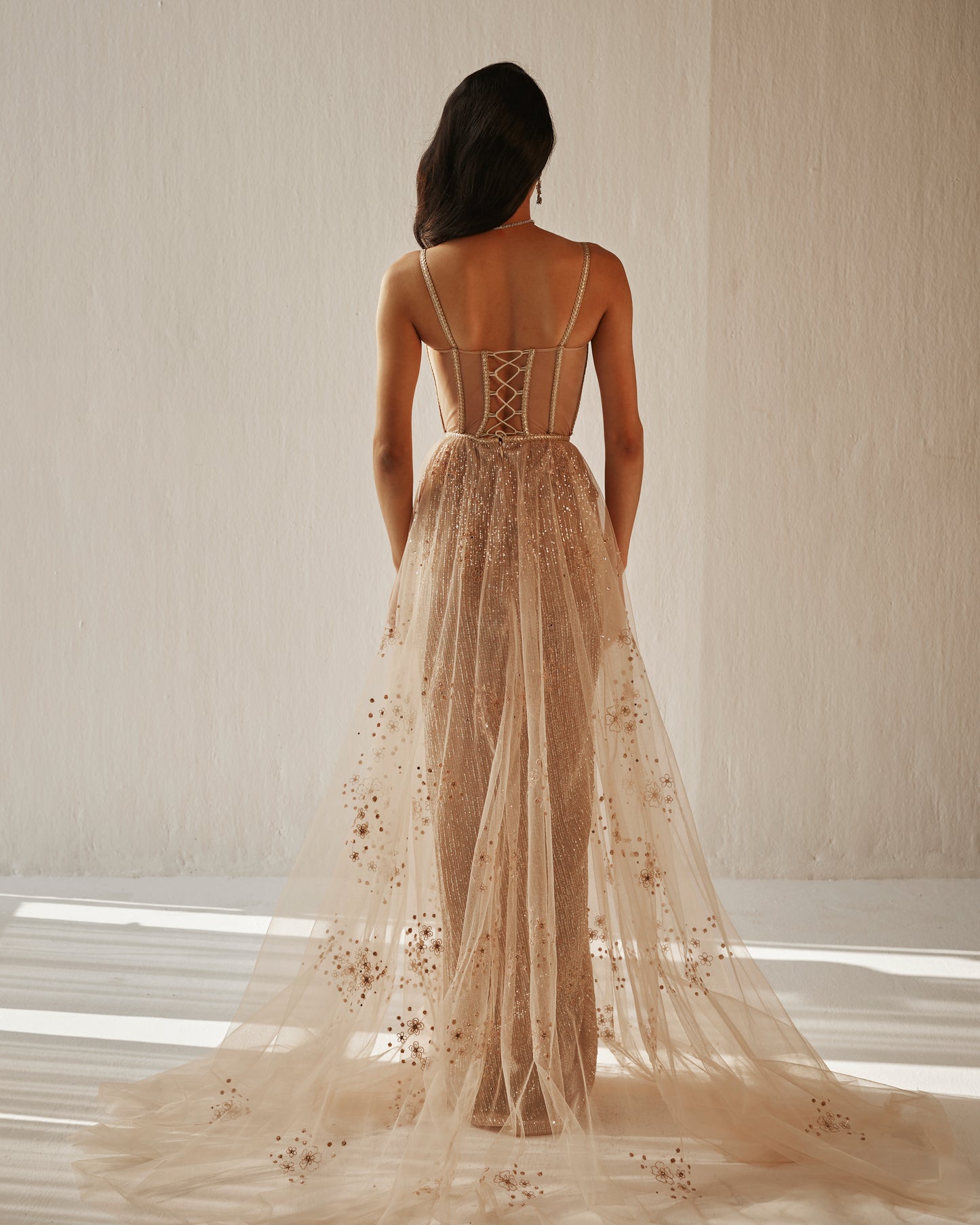 Nude embroidered tulle gown