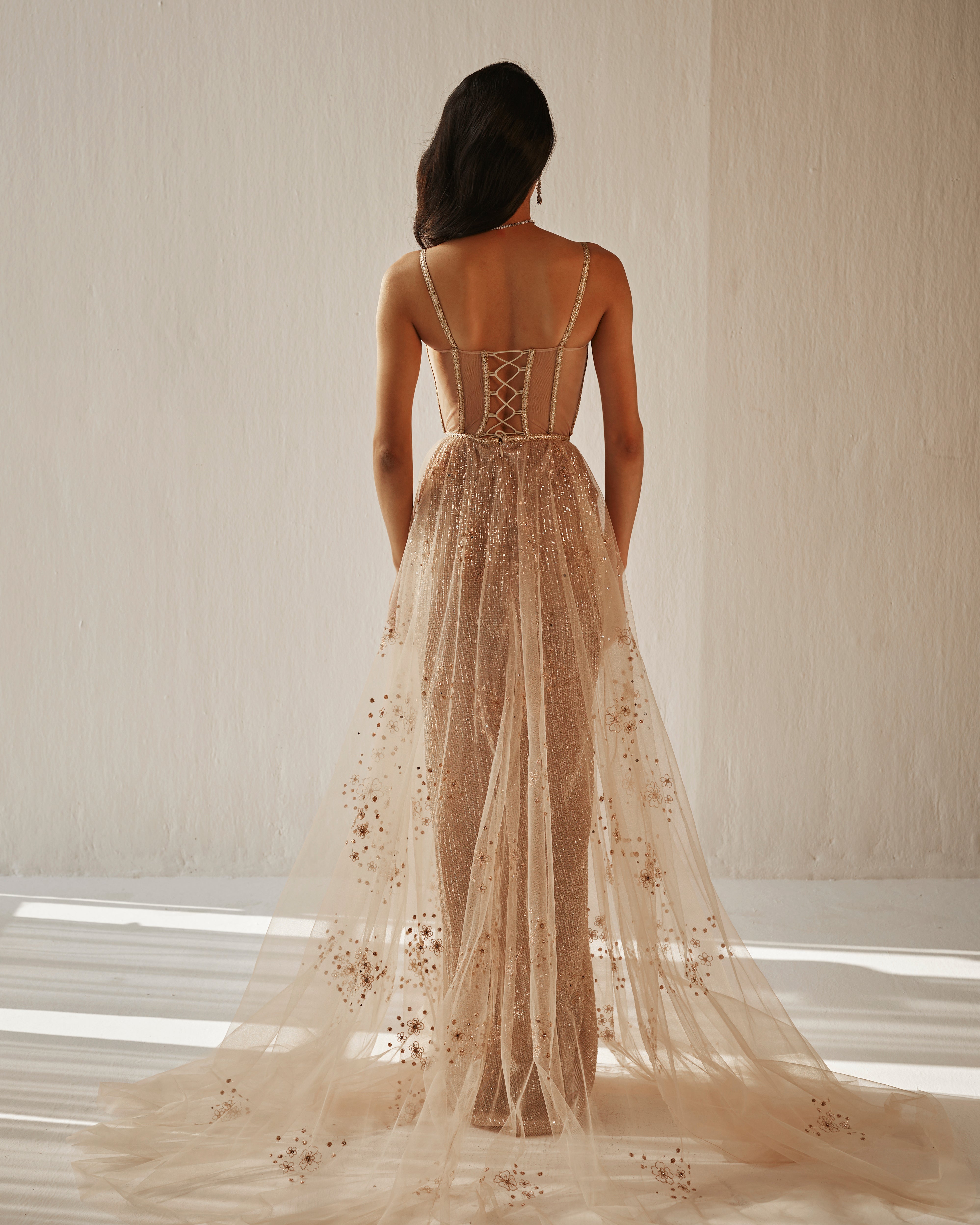 Nude embroidered tulle gown