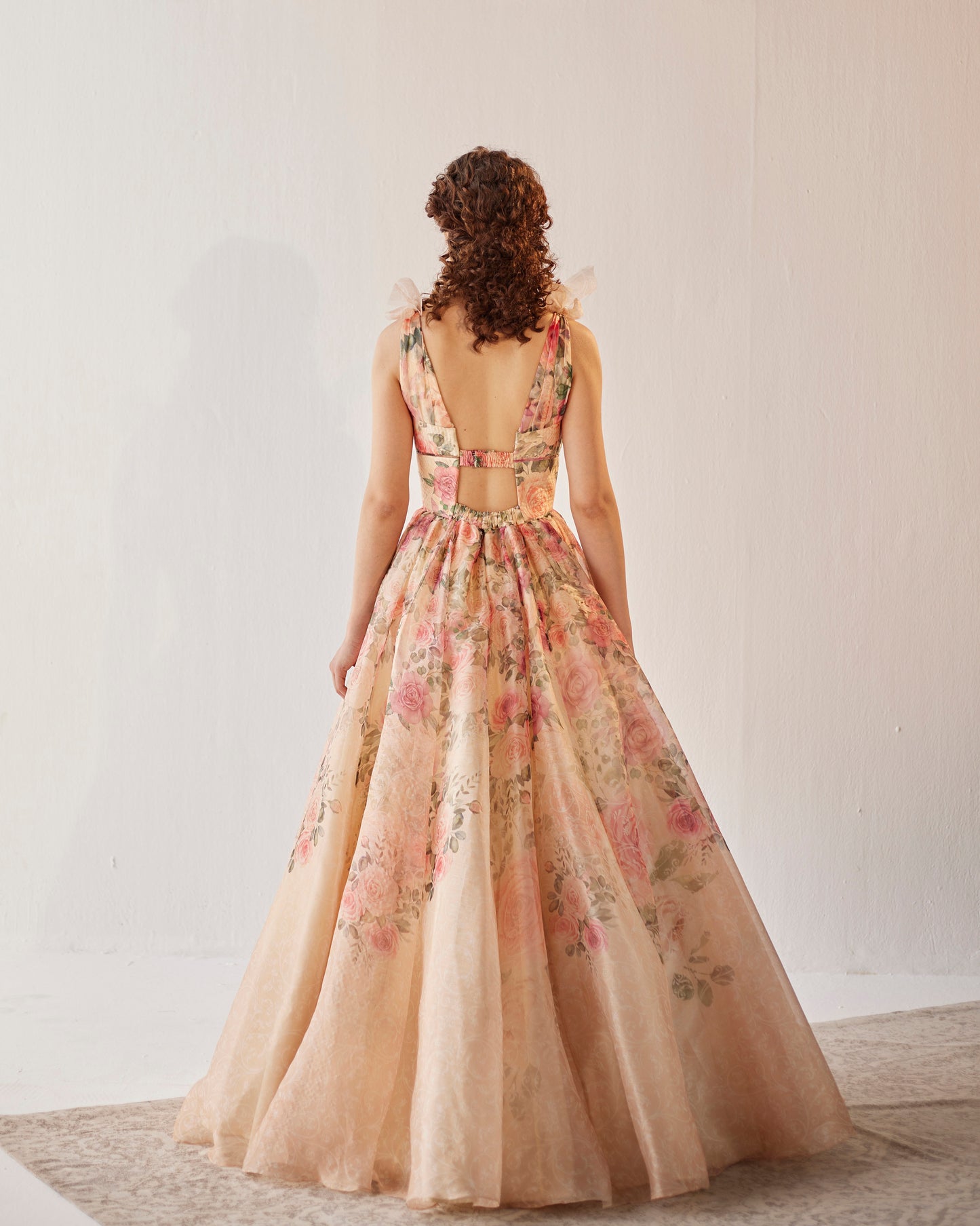 Versailles ivory floral print evening gown