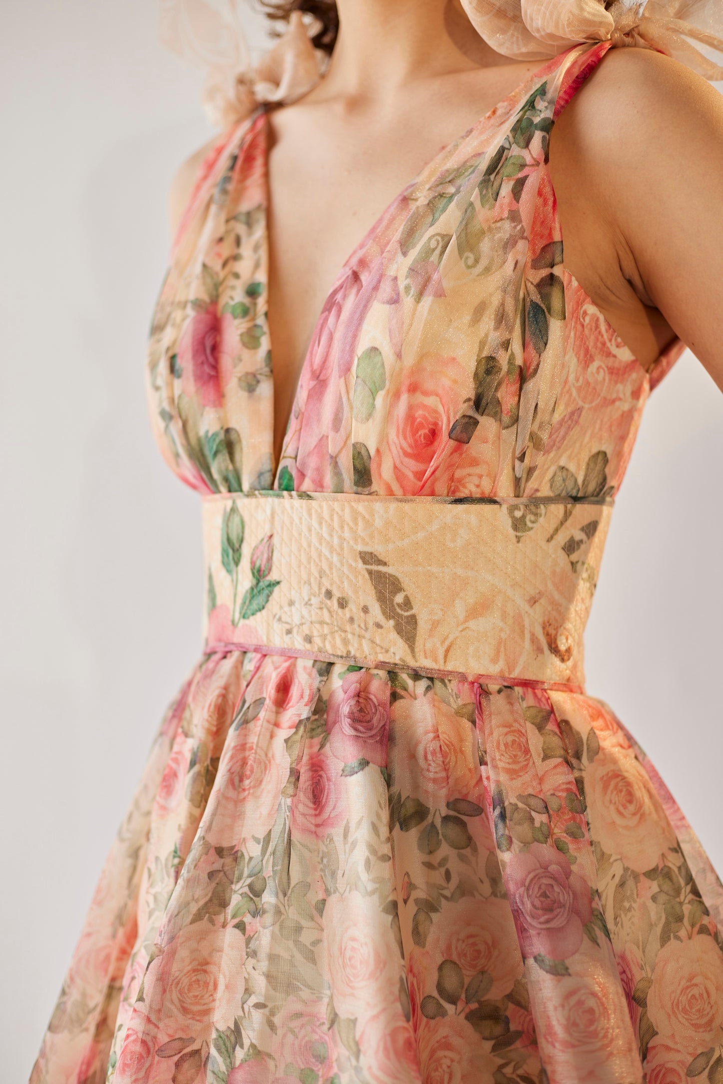 Versailles ivory floral print evening gown
