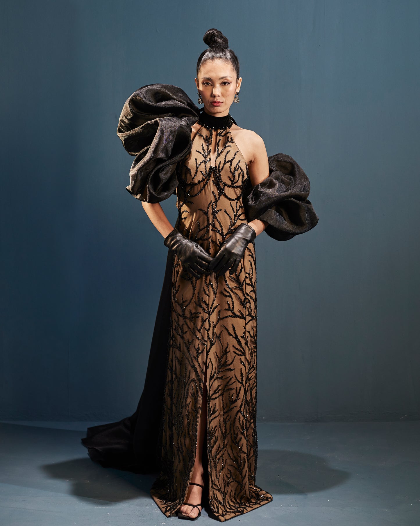 Black embroidered tulle halter neck gown
