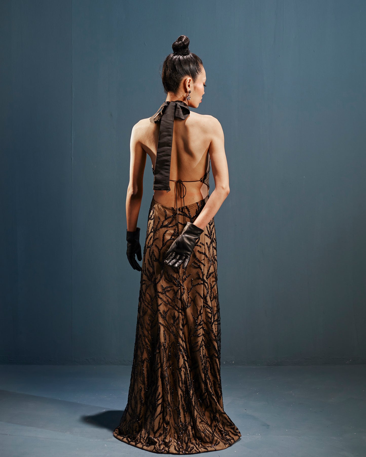 Black embroidered tulle halter neck gown