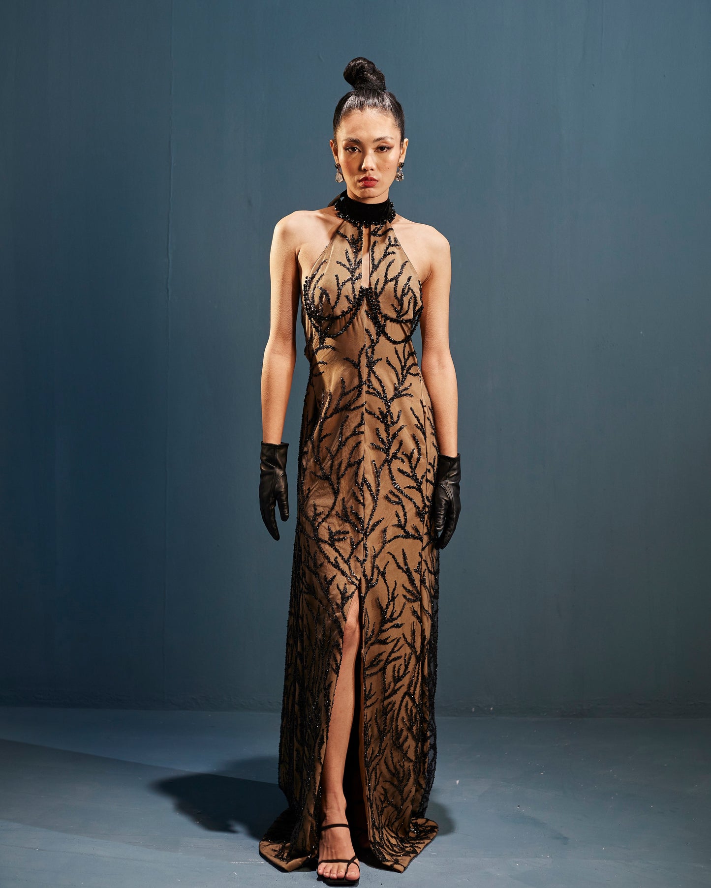 Black embroidered tulle halter neck gown