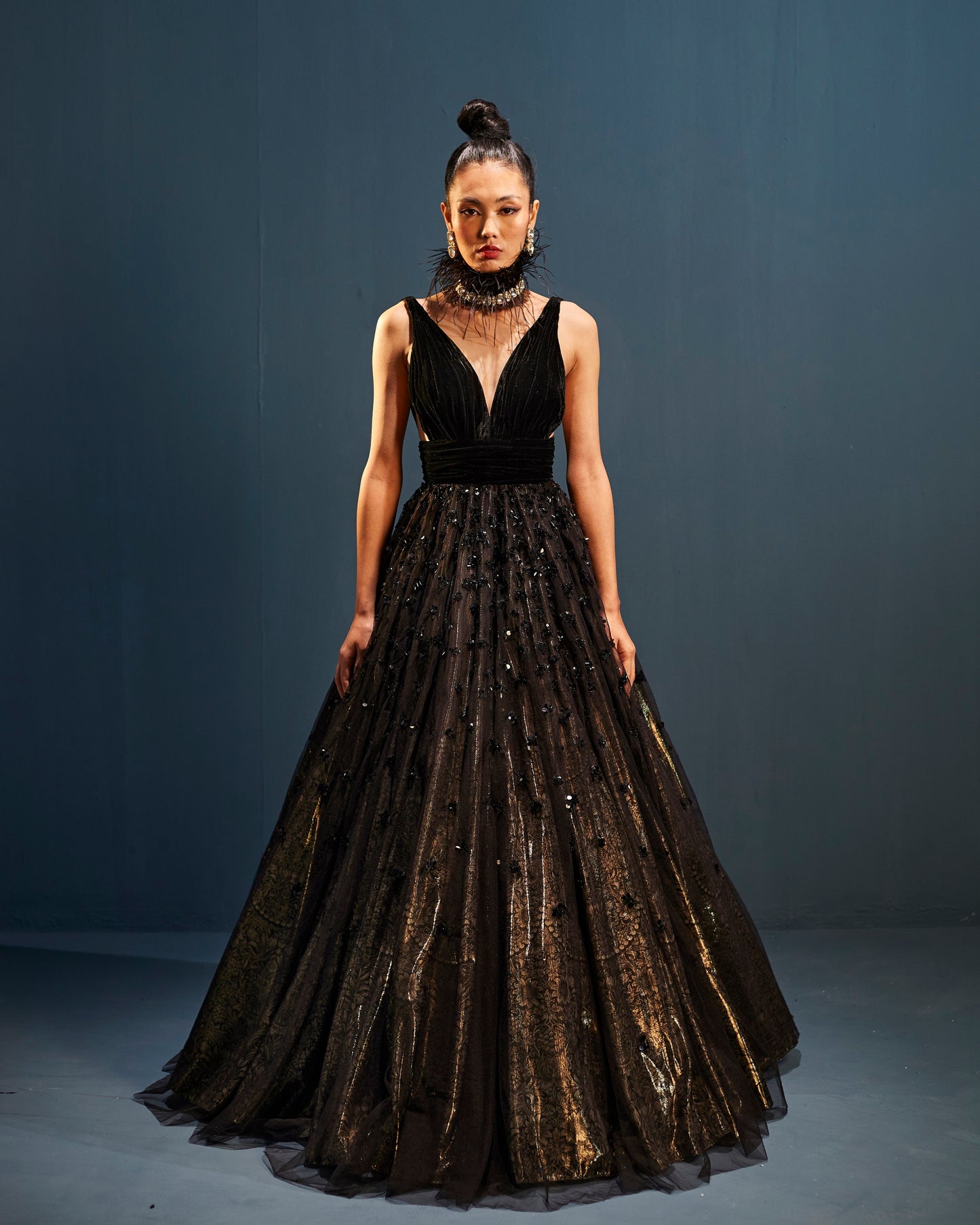 Black embroidered tulle gown