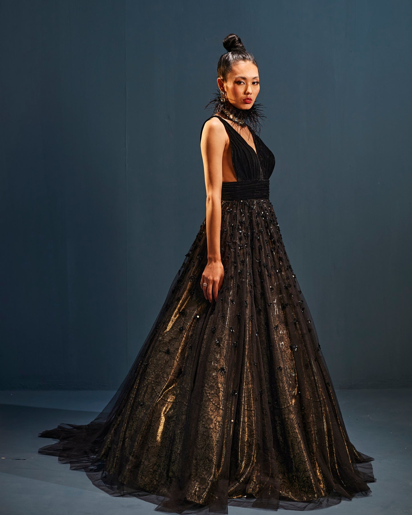 Black embroidered tulle gown