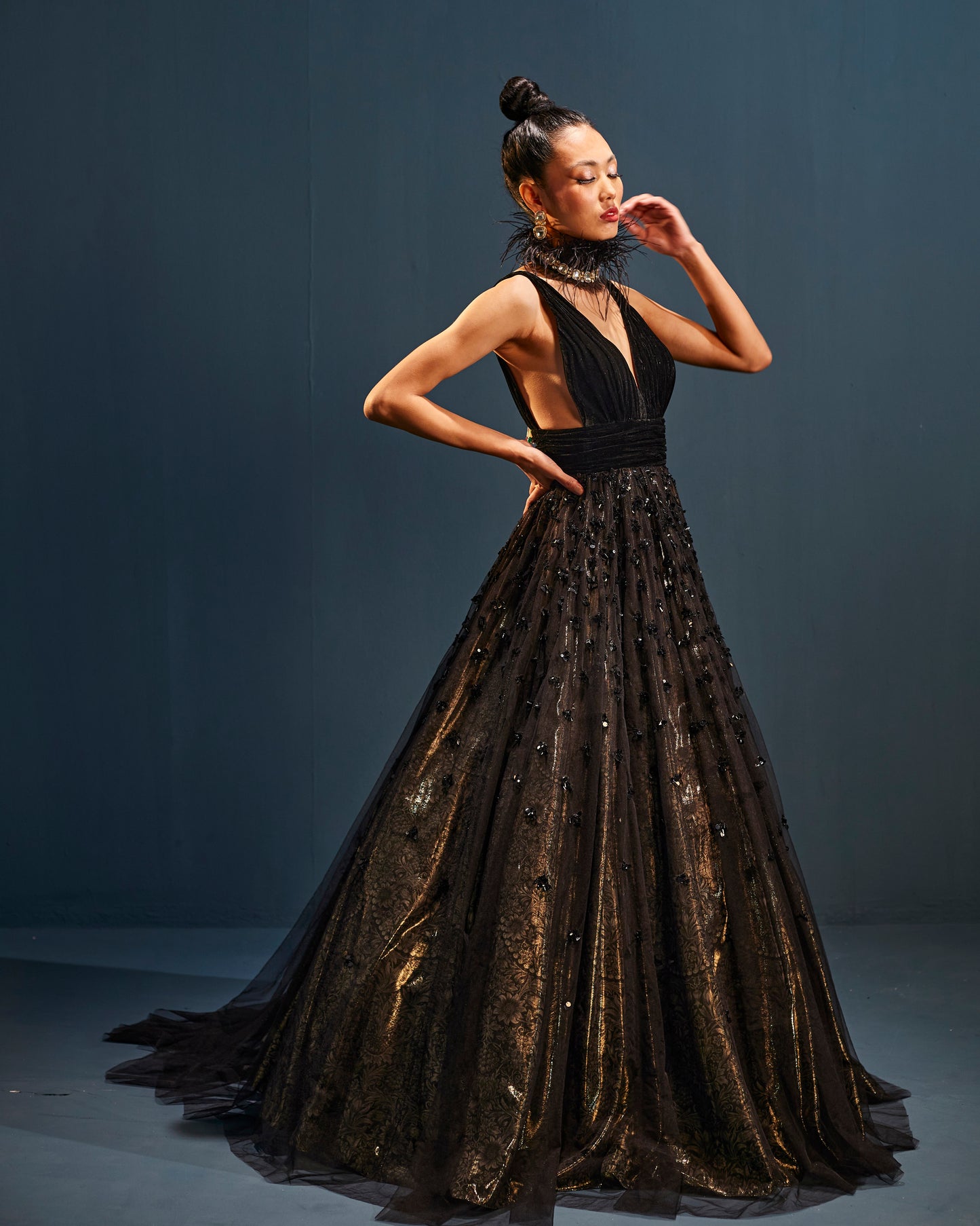 Black embroidered tulle gown
