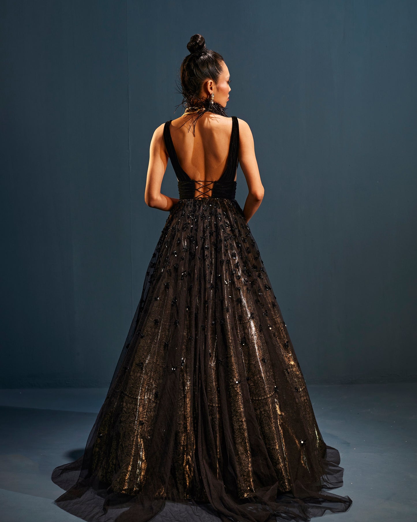 Black embroidered tulle gown