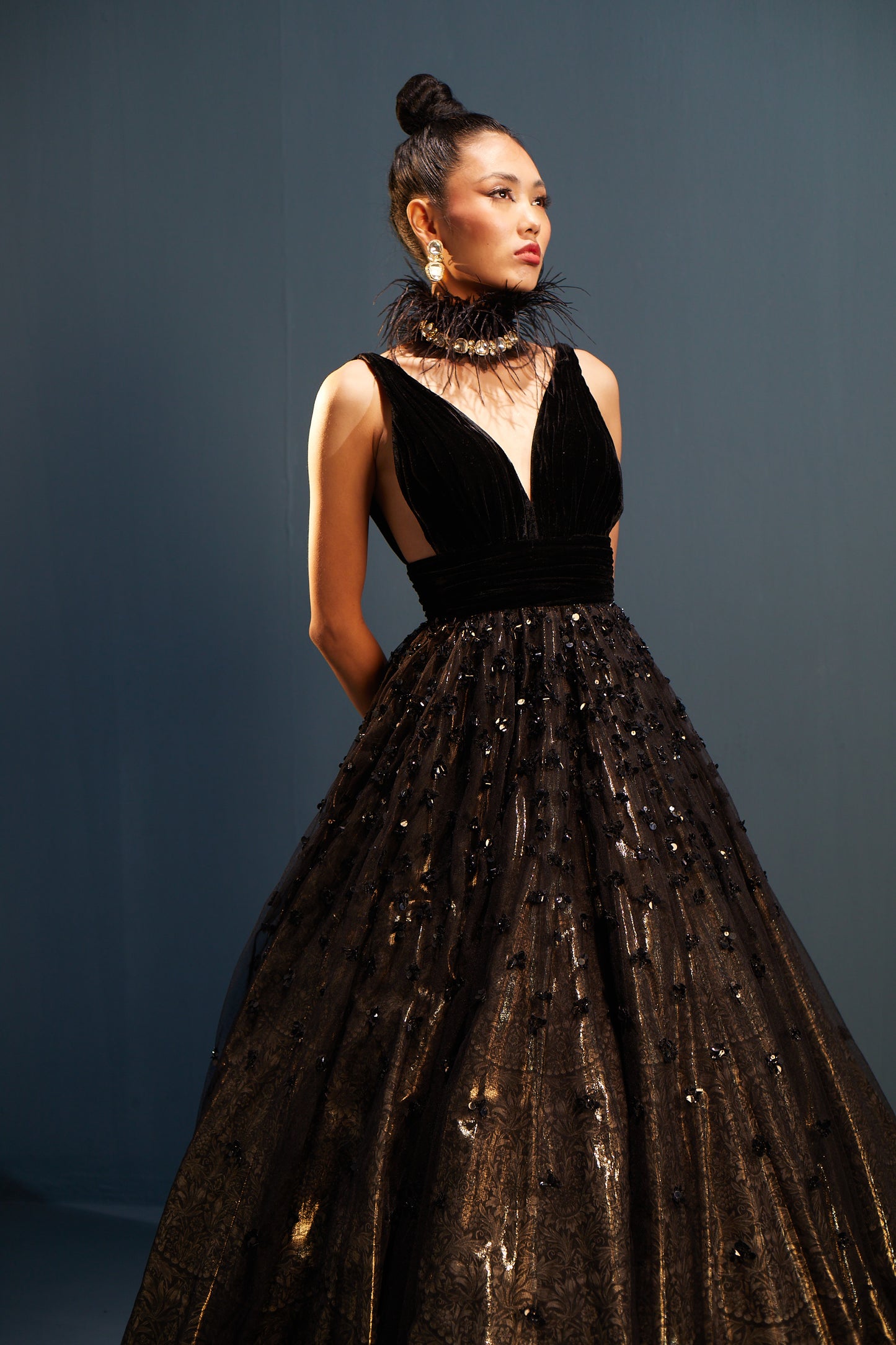 Black embroidered tulle gown