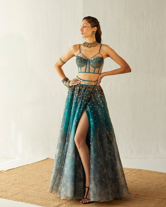 Shimmering waters wrap skirt with tulle corset
