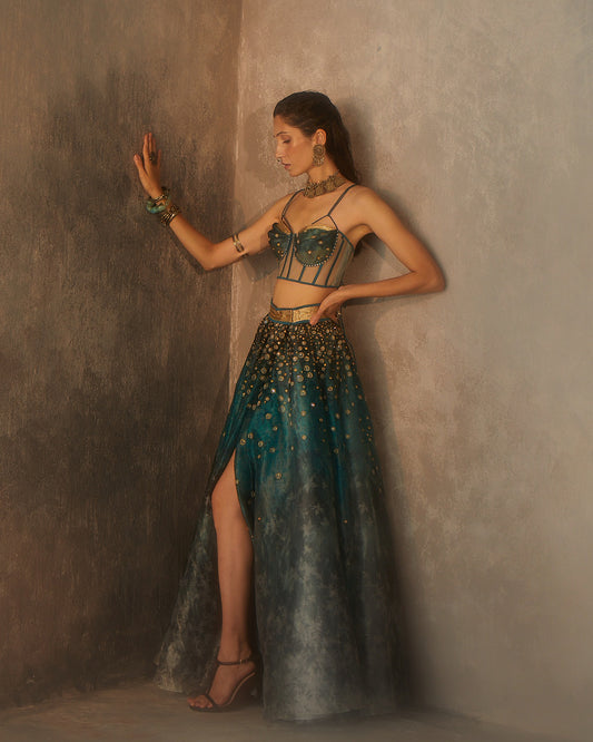Shimmering waters wrap skirt with tulle corset