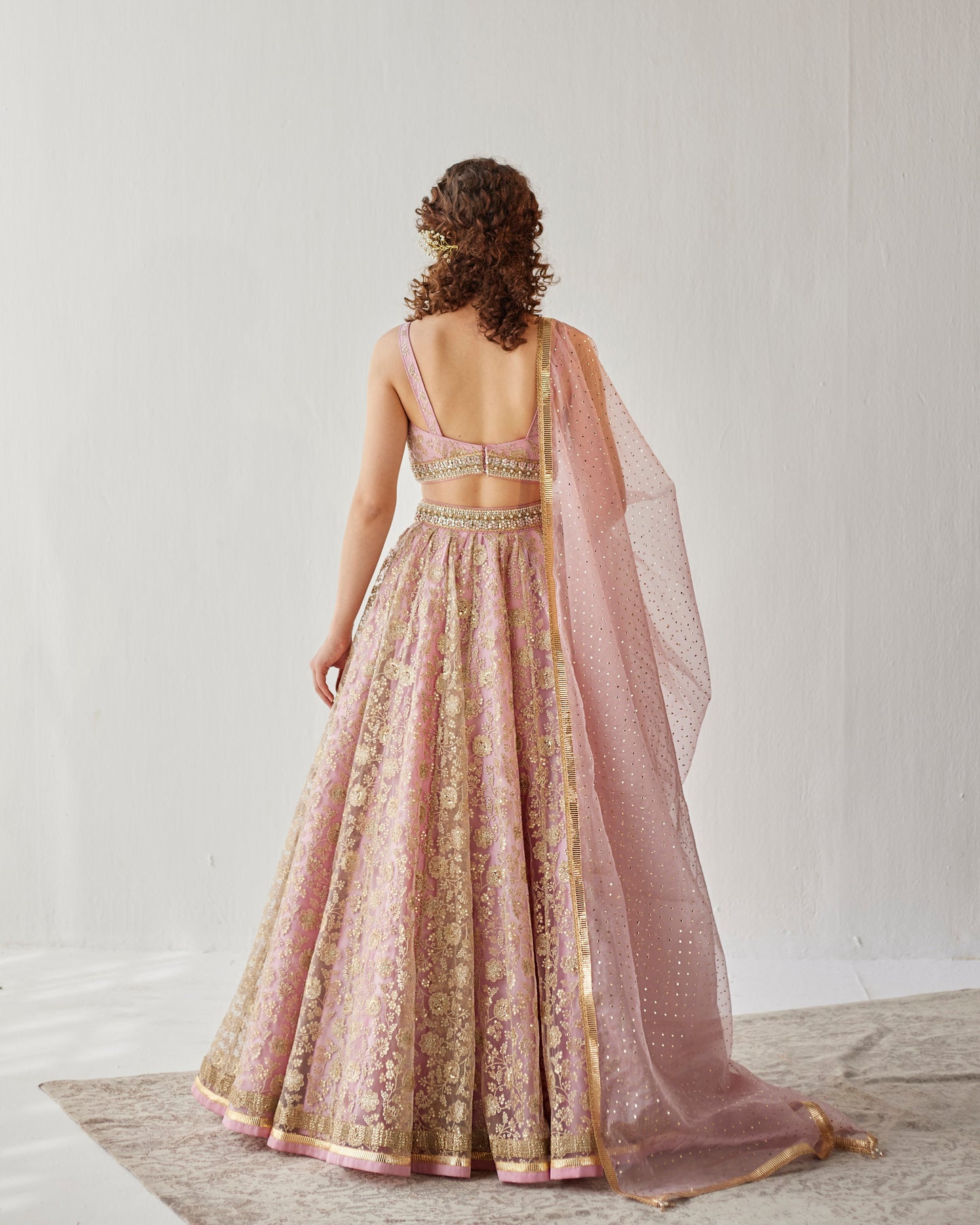 Gold and blush embroidered tulle lehenga
