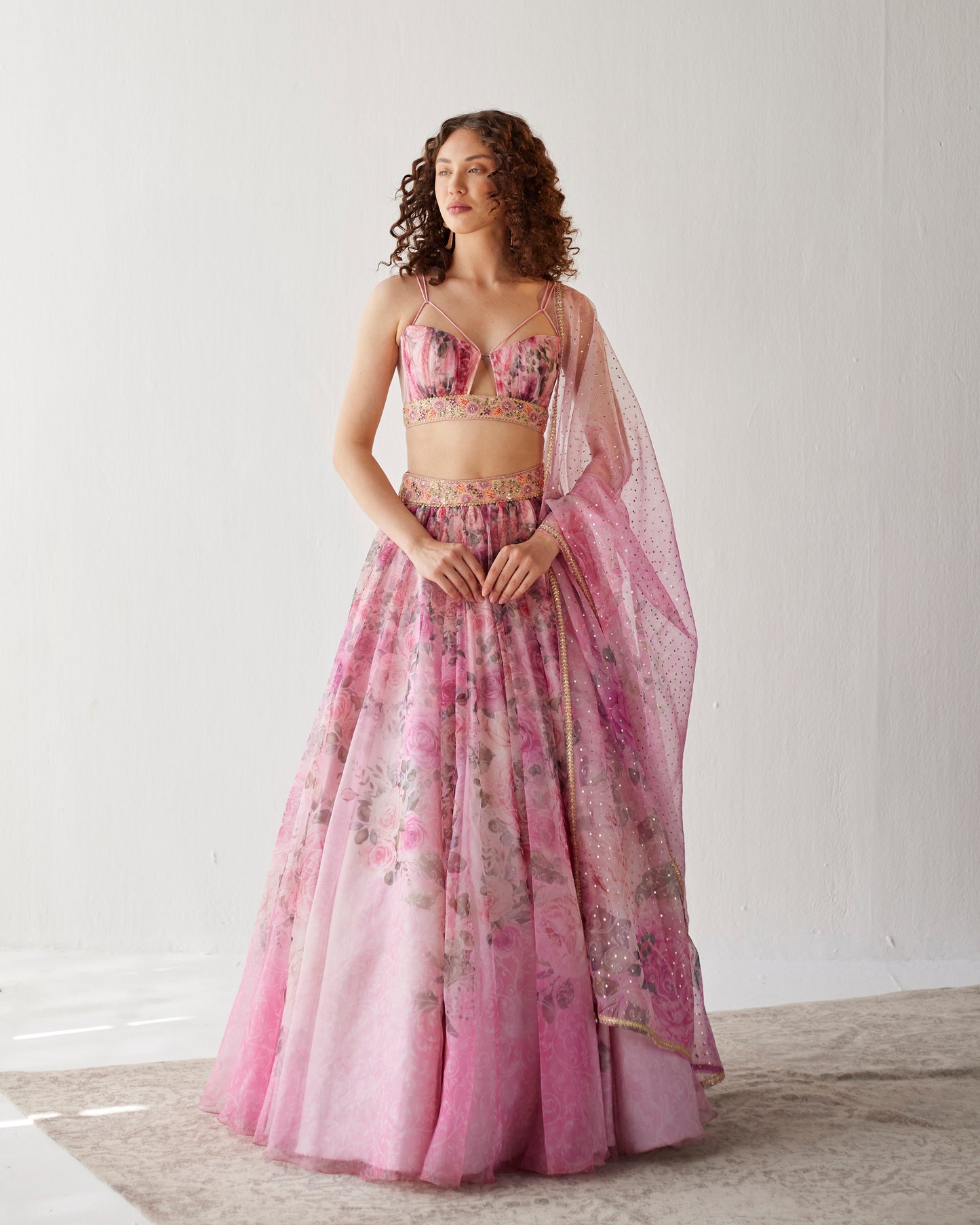 Versailles pink floral print organza lehenga