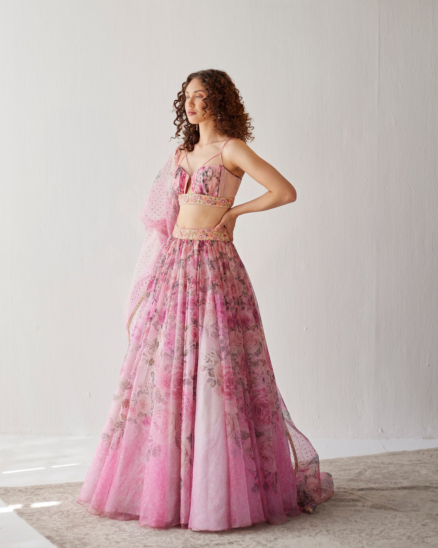 Versailles pink floral print organza lehenga