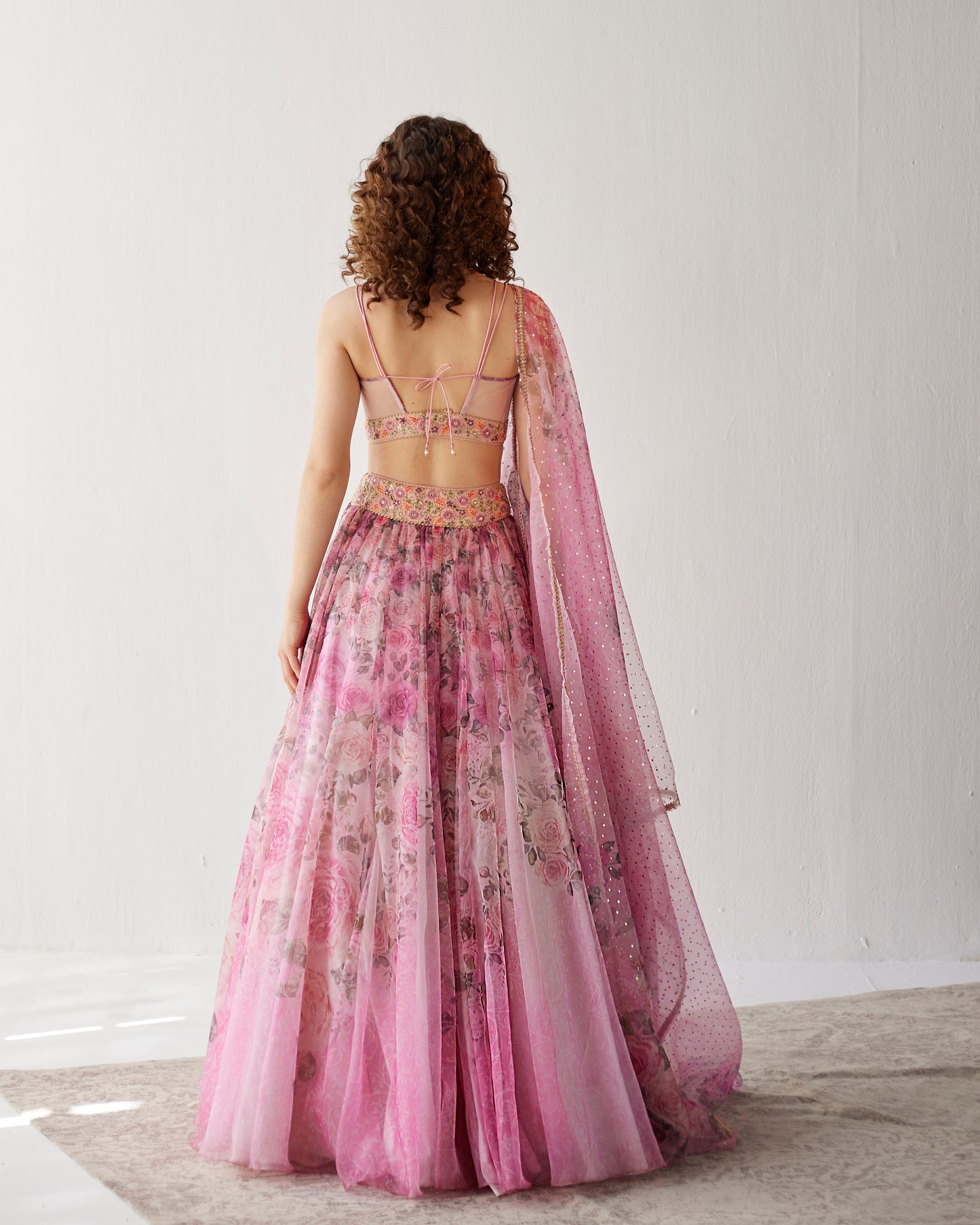 Versailles pink floral print organza lehenga