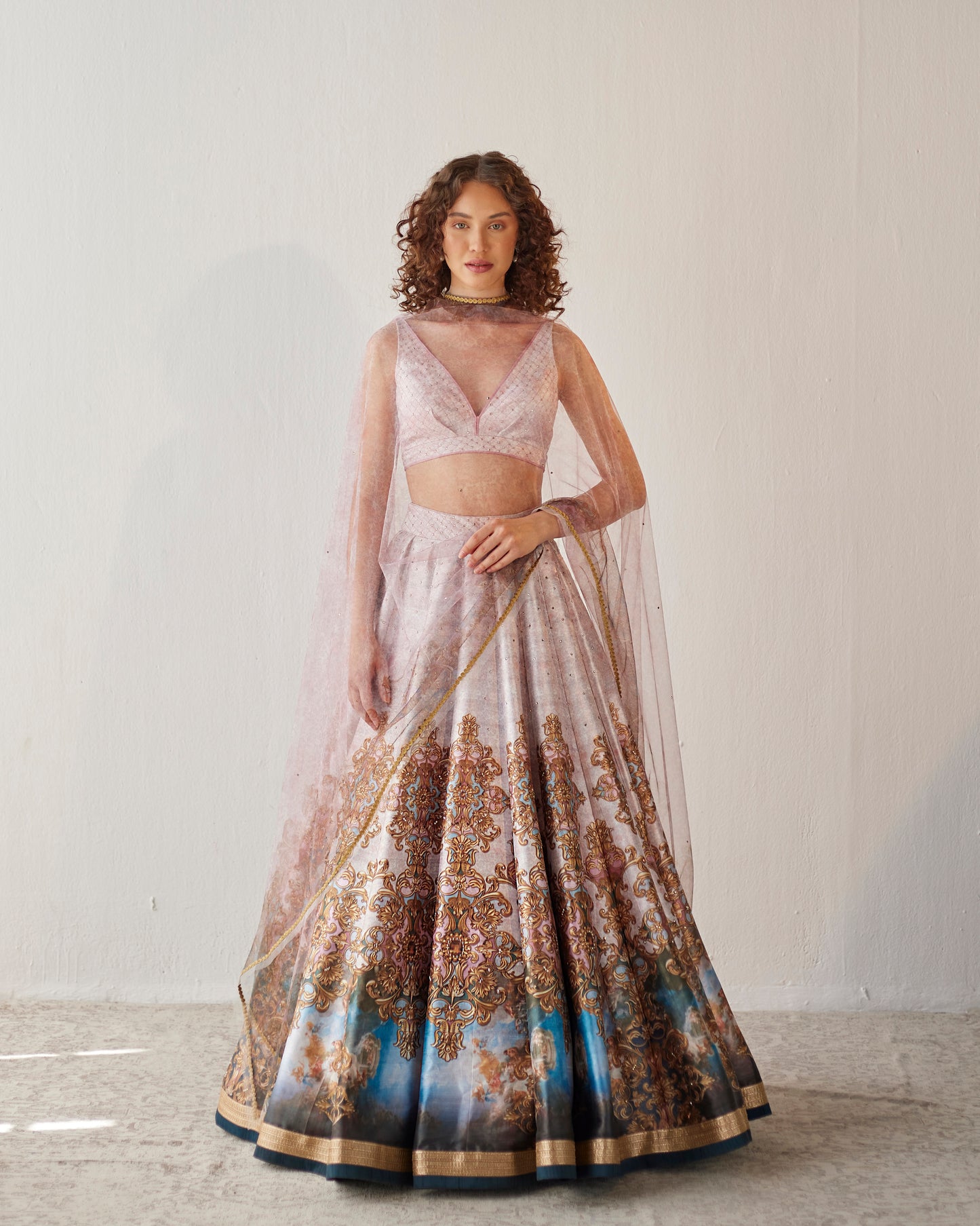 Versailles palace print dupion lehenga