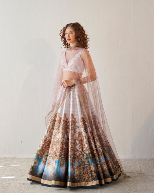 Versailles palace print dupion lehenga