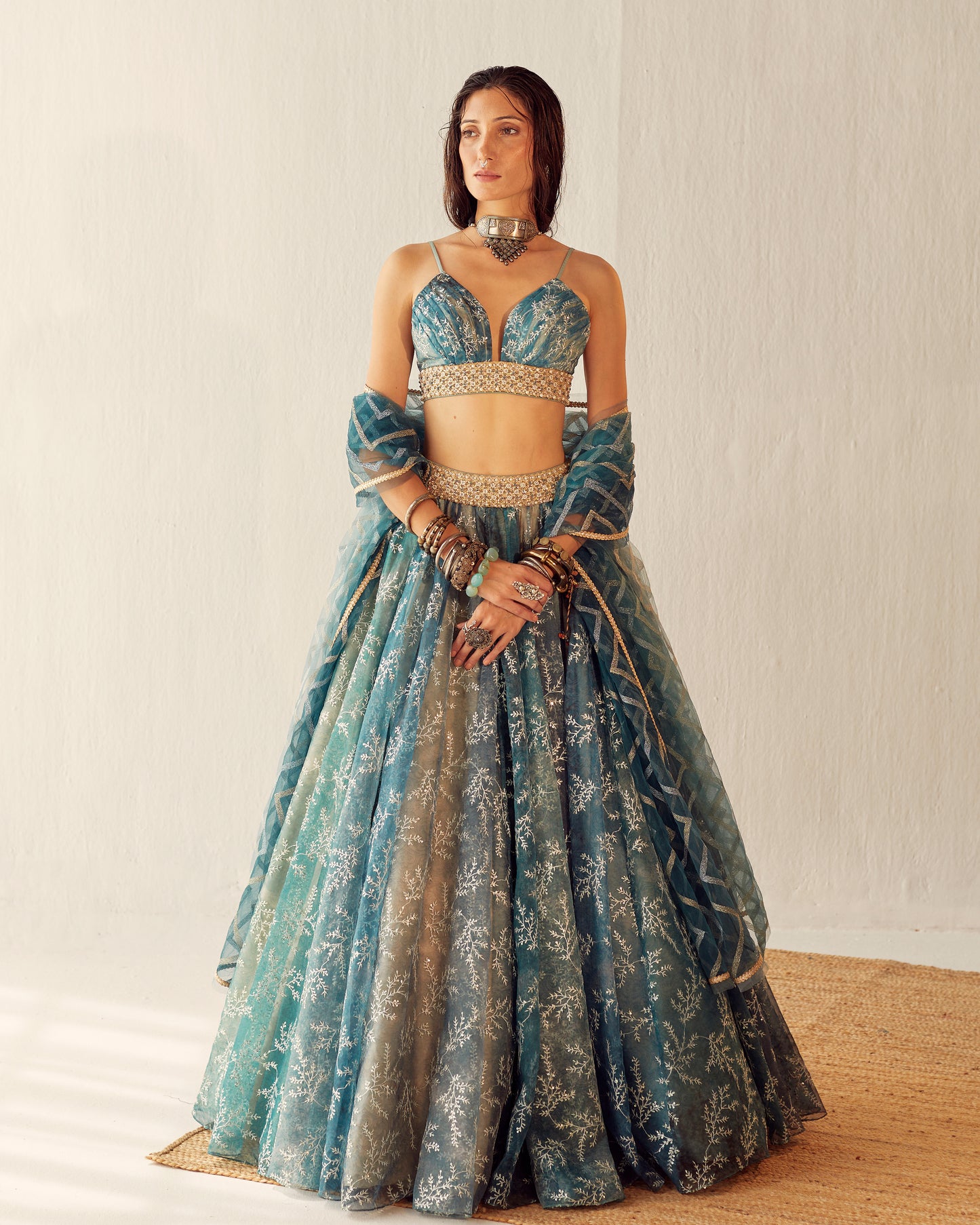 Lake blue organza lehenga