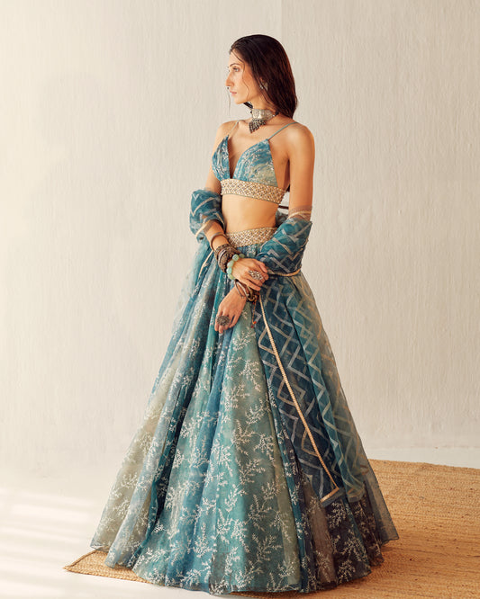 Lake blue organza lehenga