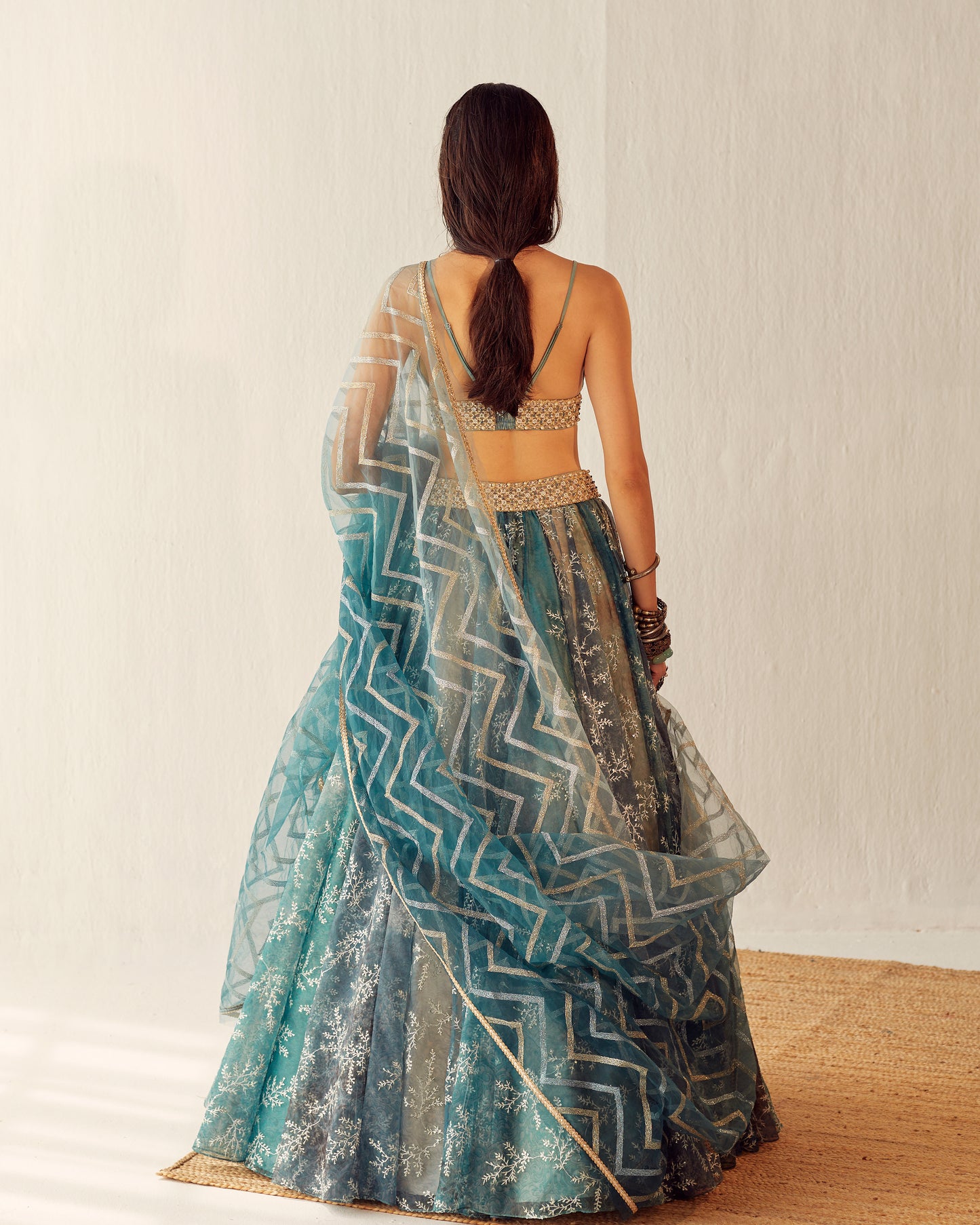 Lake blue organza lehenga