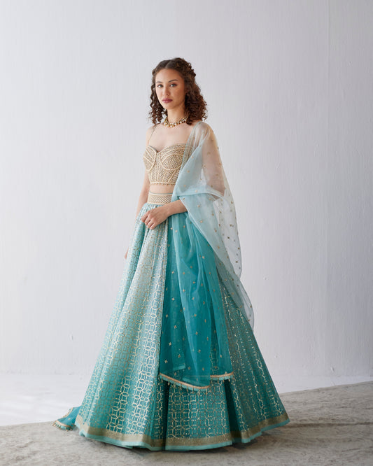 Shaded aqua organza lehenga