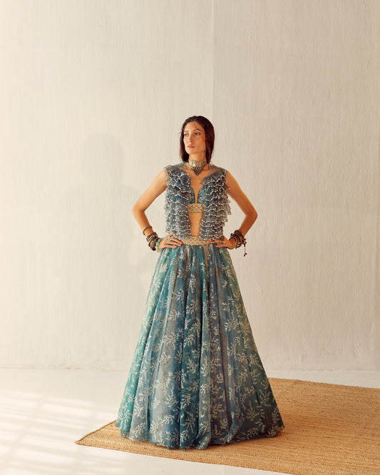 Lake blue organza lehenga with embroidered gilet