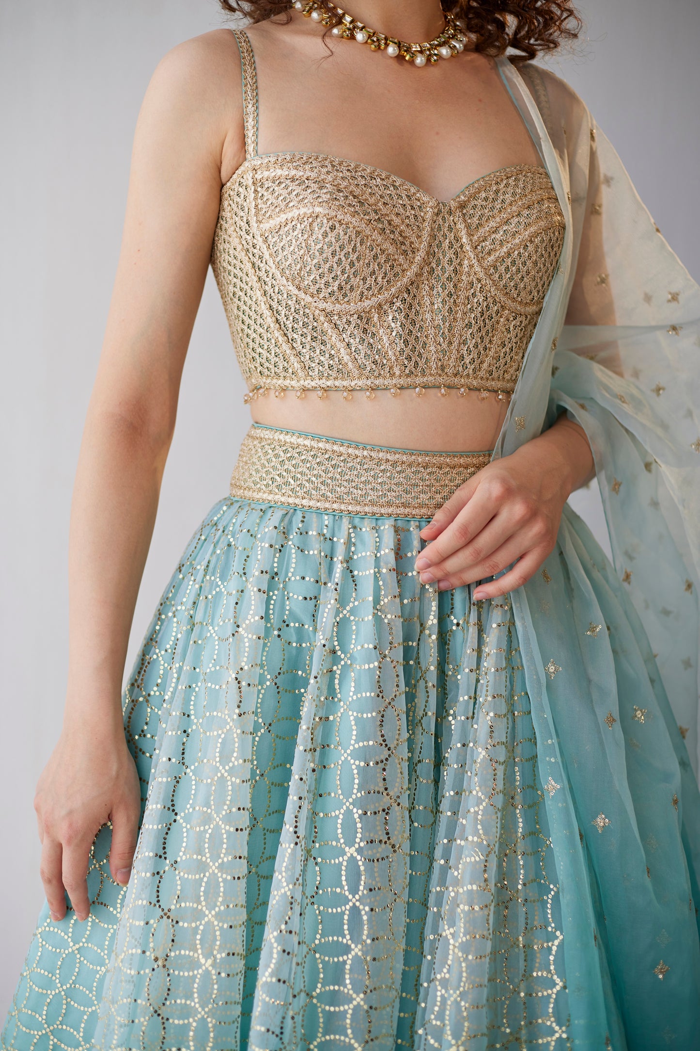 Shaded aqua organza lehenga