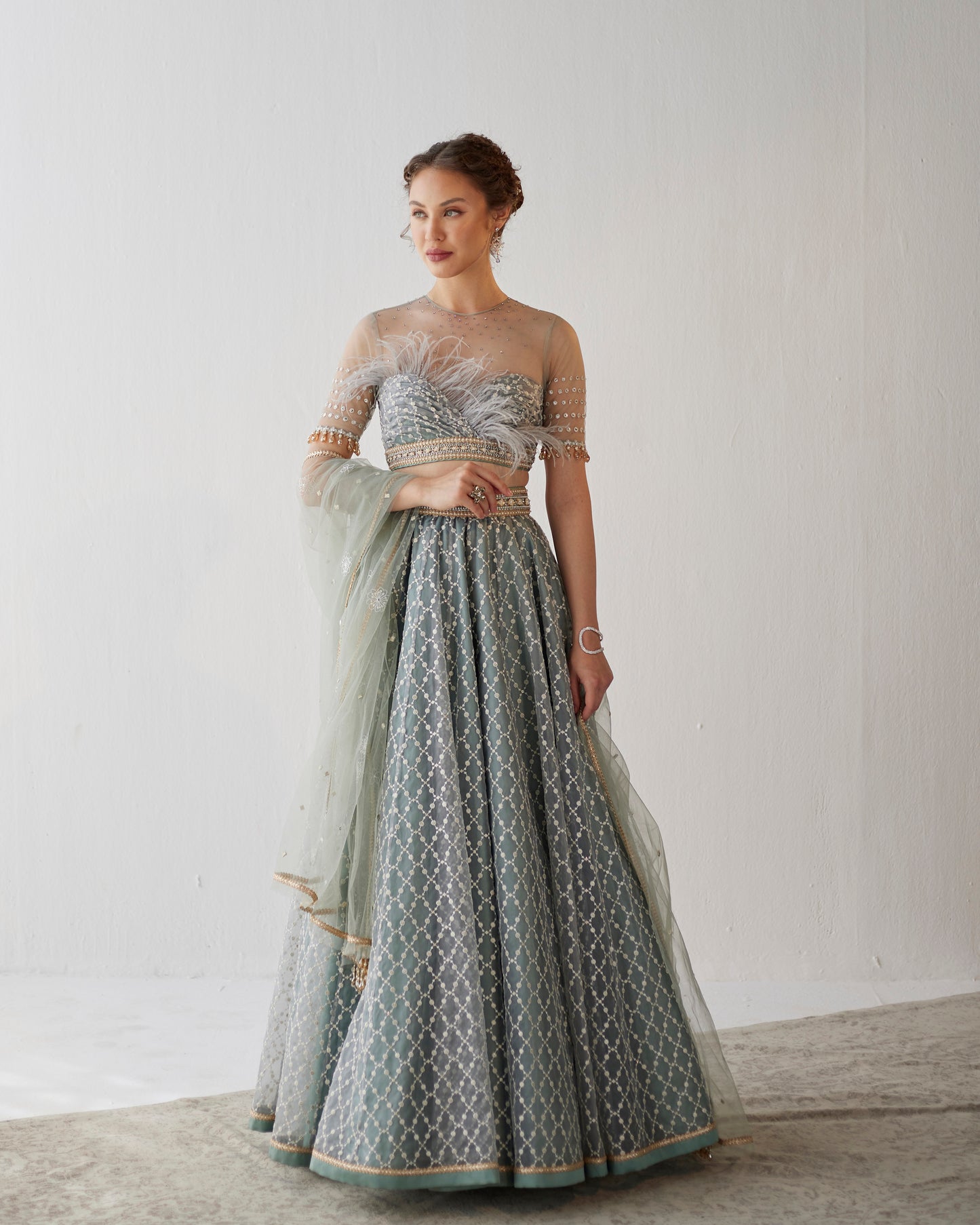 Smokey grey embroidered organza lehenga
