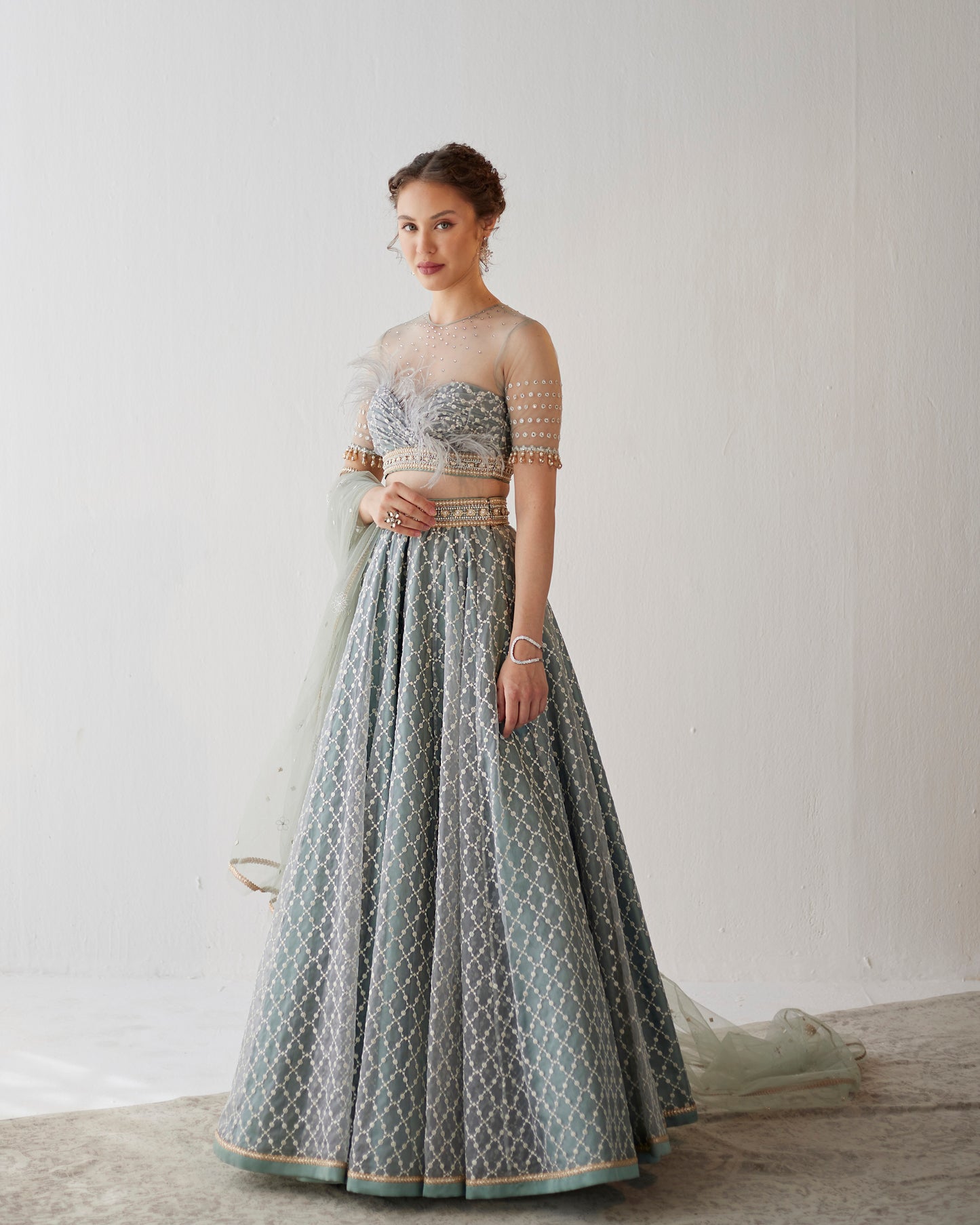 Smokey grey embroidered organza lehenga