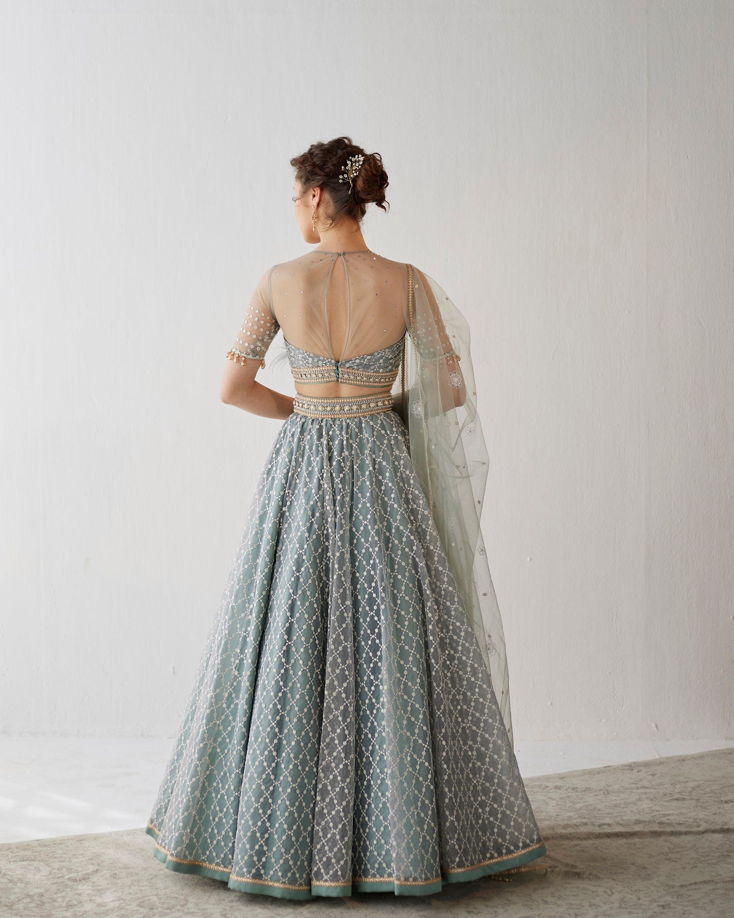 Smokey grey embroidered organza lehenga