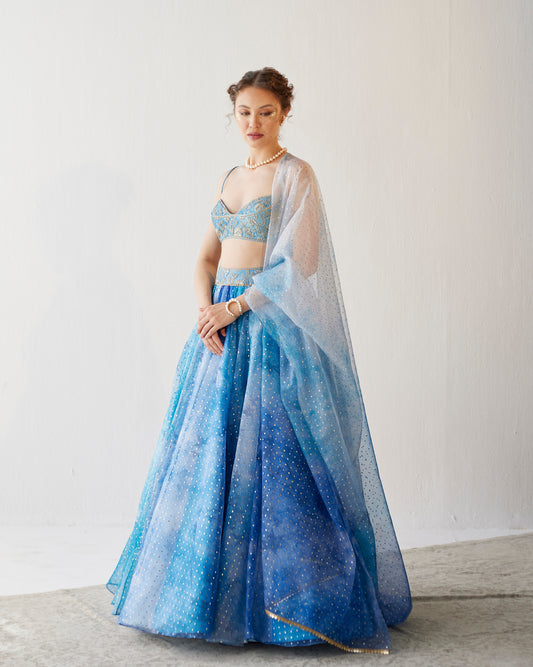 Shades of blue organza lehenga