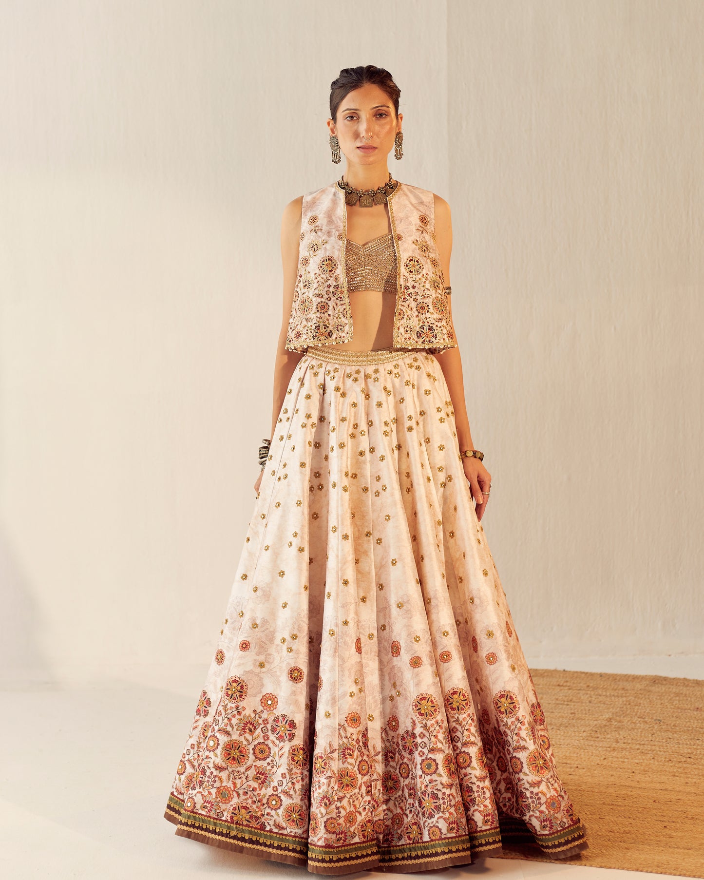 Floral spray lehenga with embroidered gilet