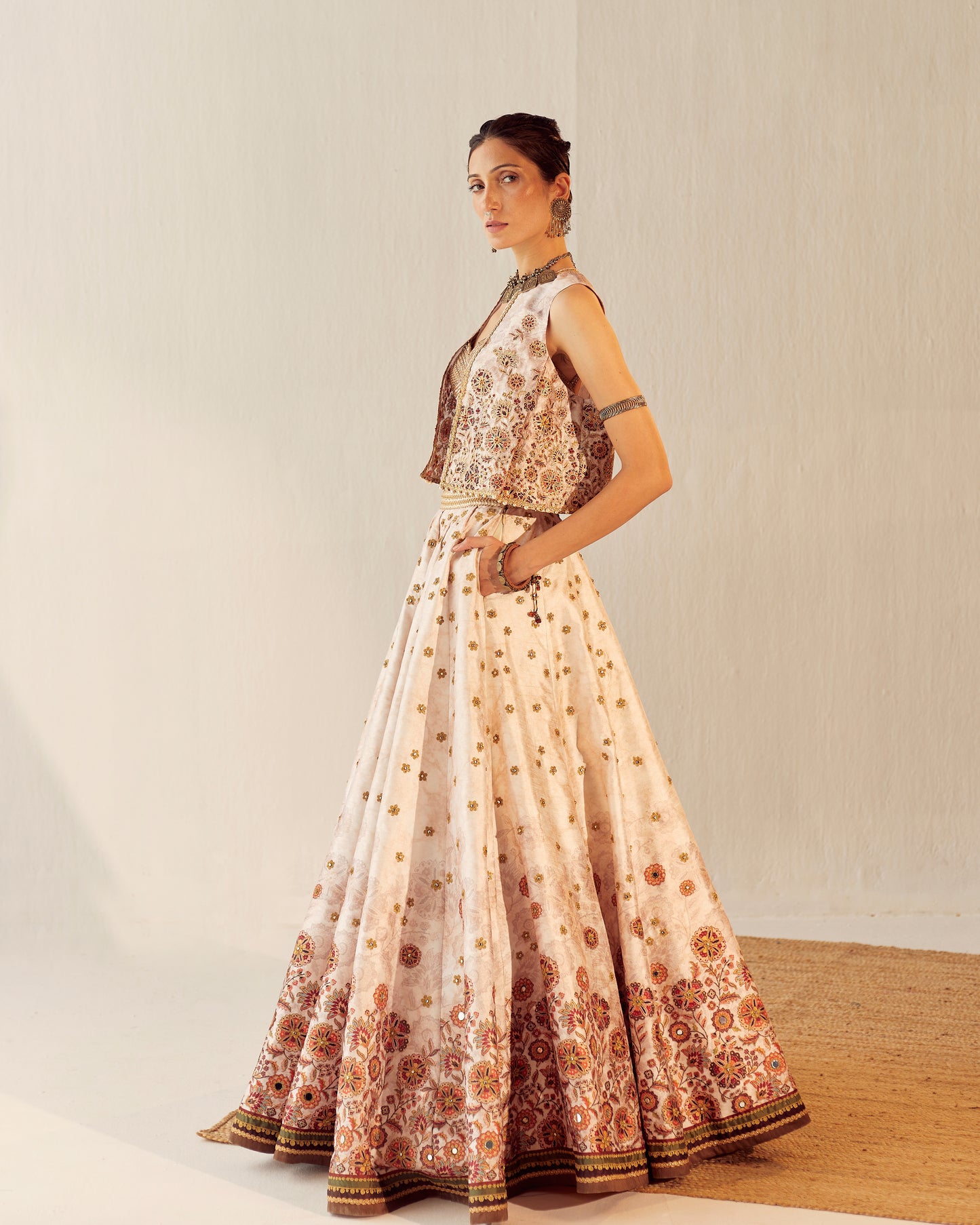 Floral spray lehenga with embroidered gilet