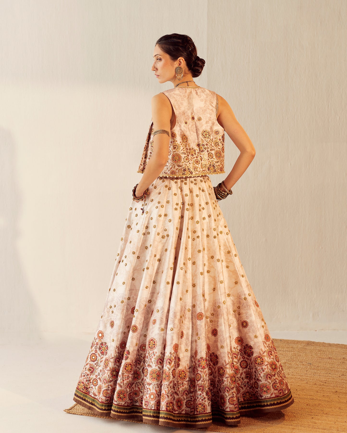Floral spray lehenga with embroidered gilet