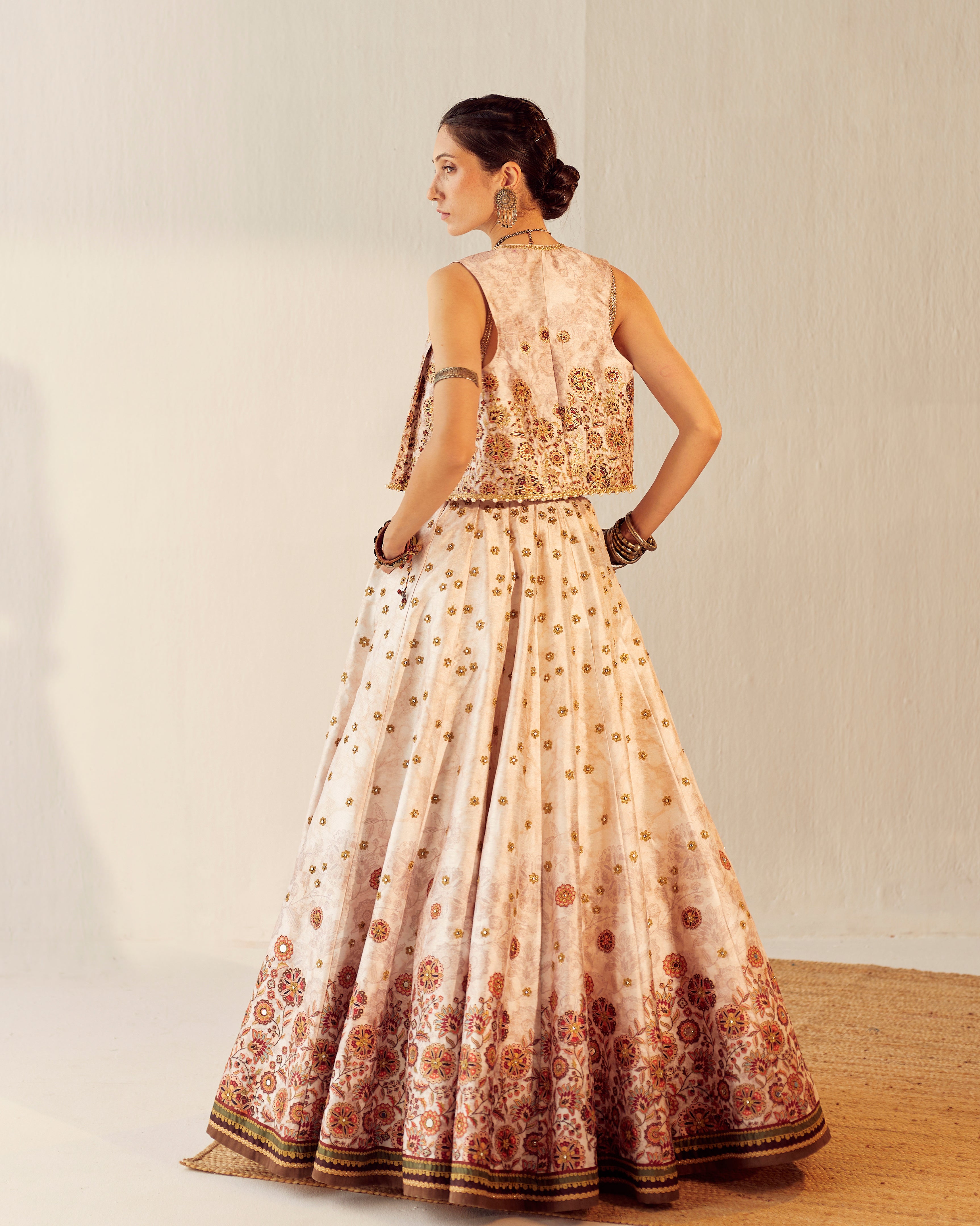 Floral spray lehenga with embroidered gilet