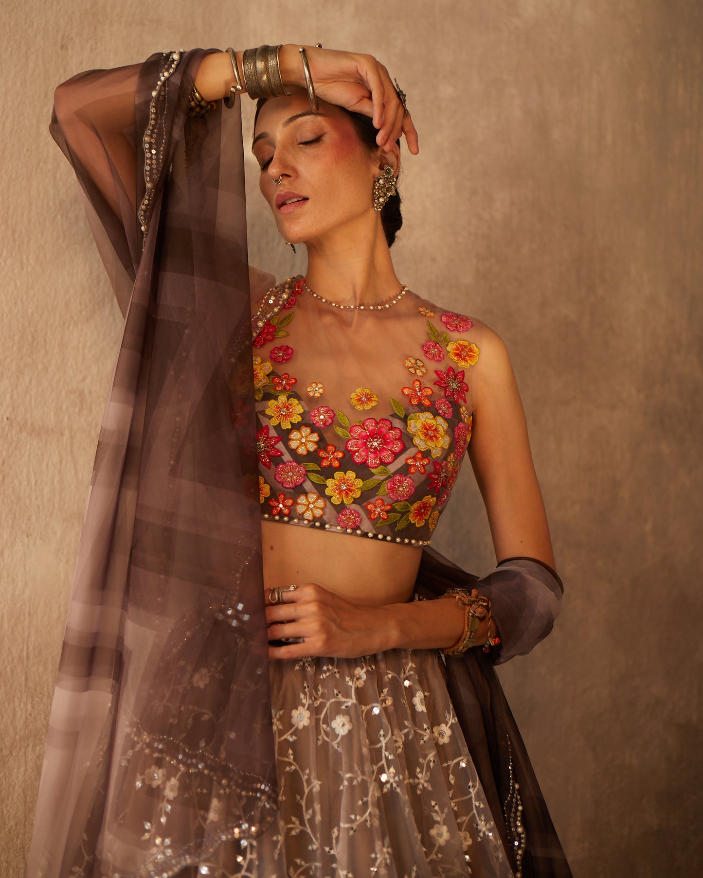 Winter bloom embroidered organza lehenga