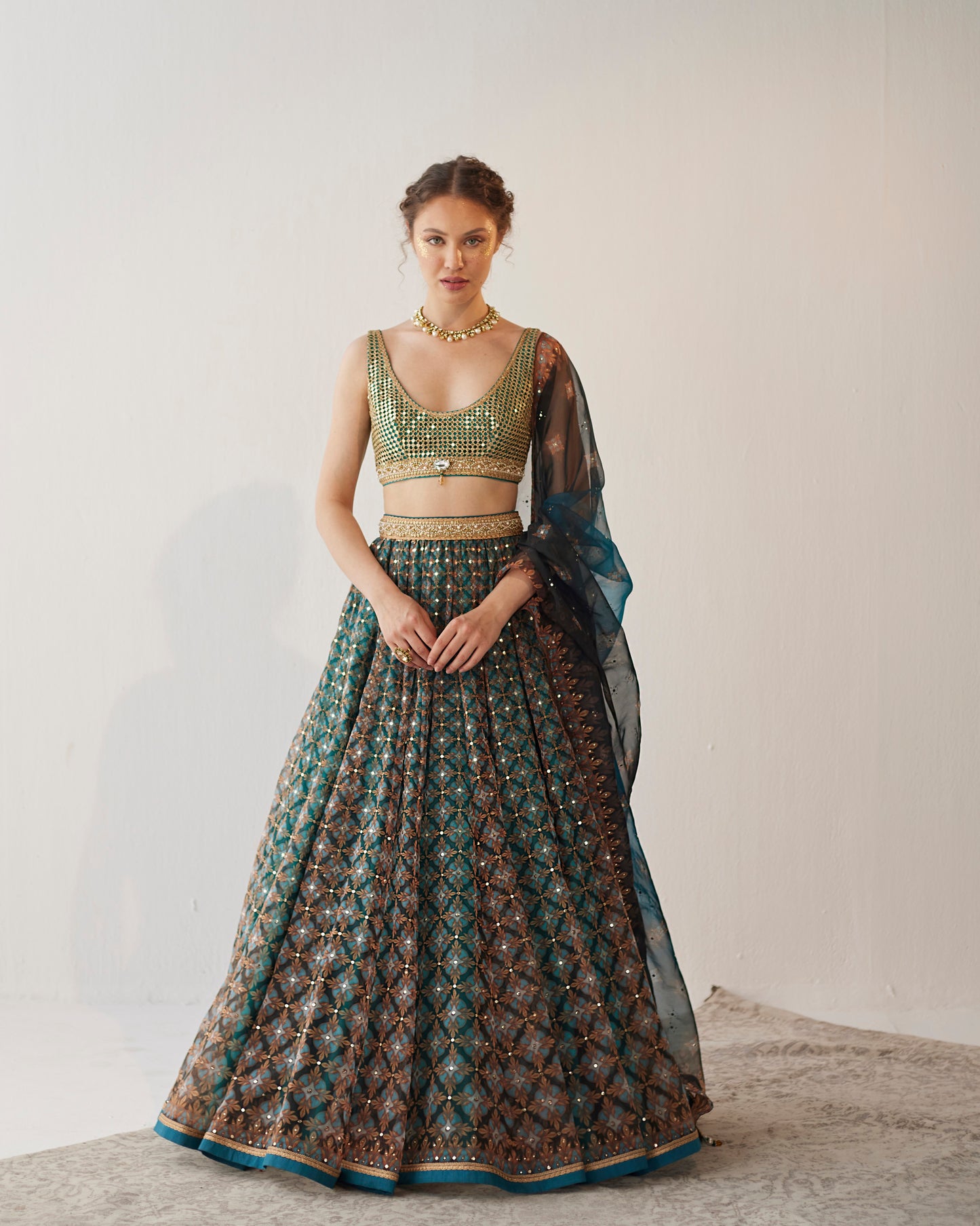 Jewel print organza lehenga