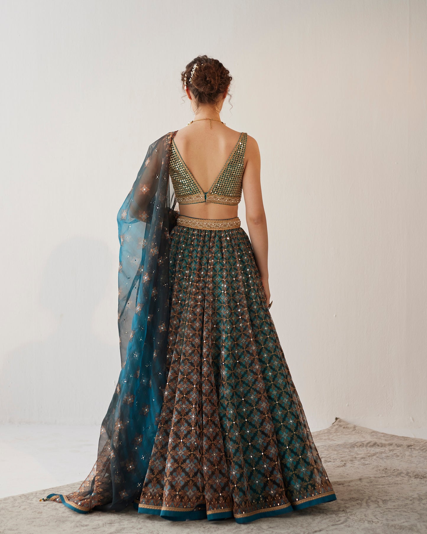 Jewel print organza lehenga