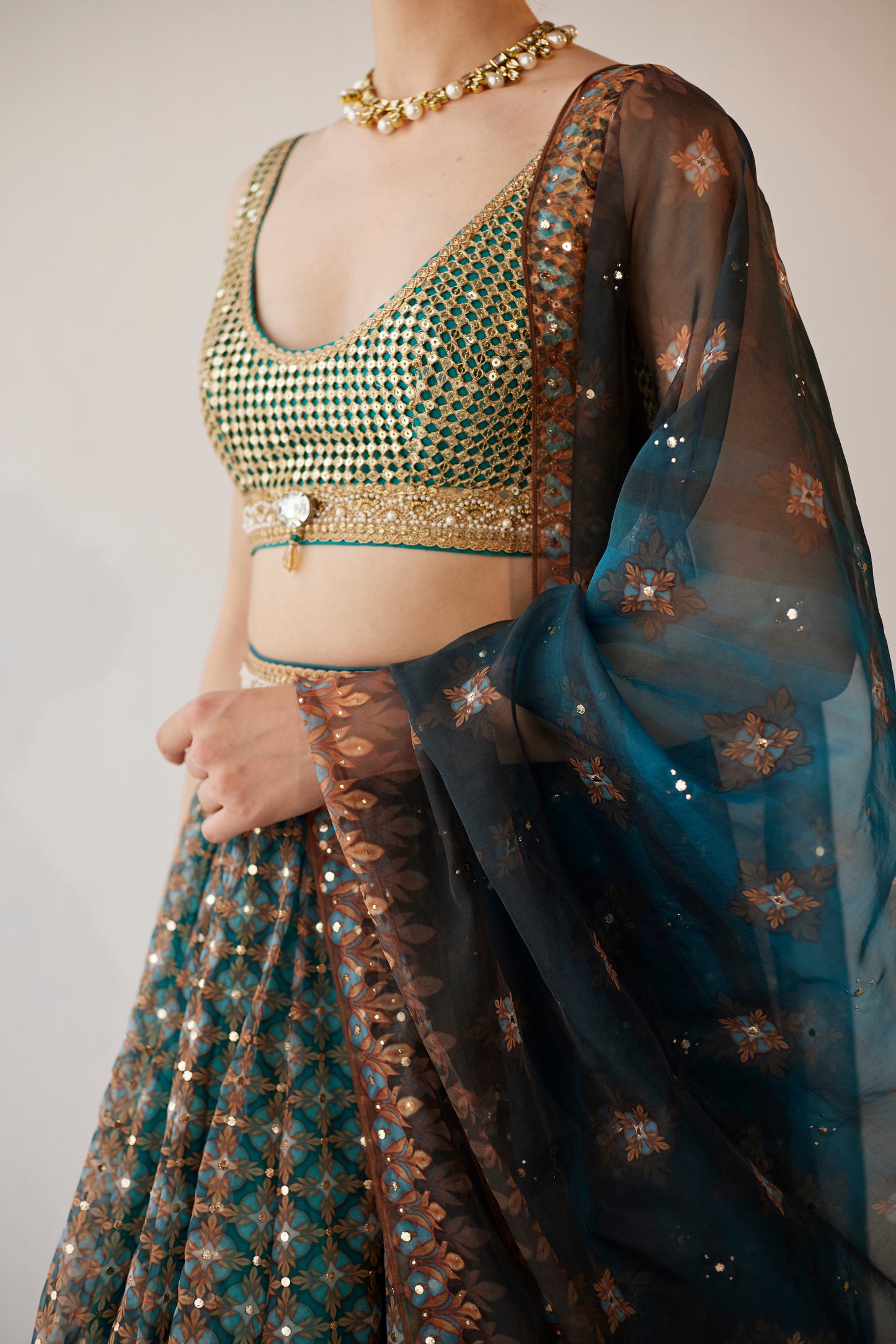 Jewel print organza lehenga