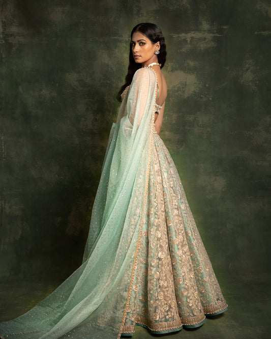Jade and gold embroidered tulle lehenga