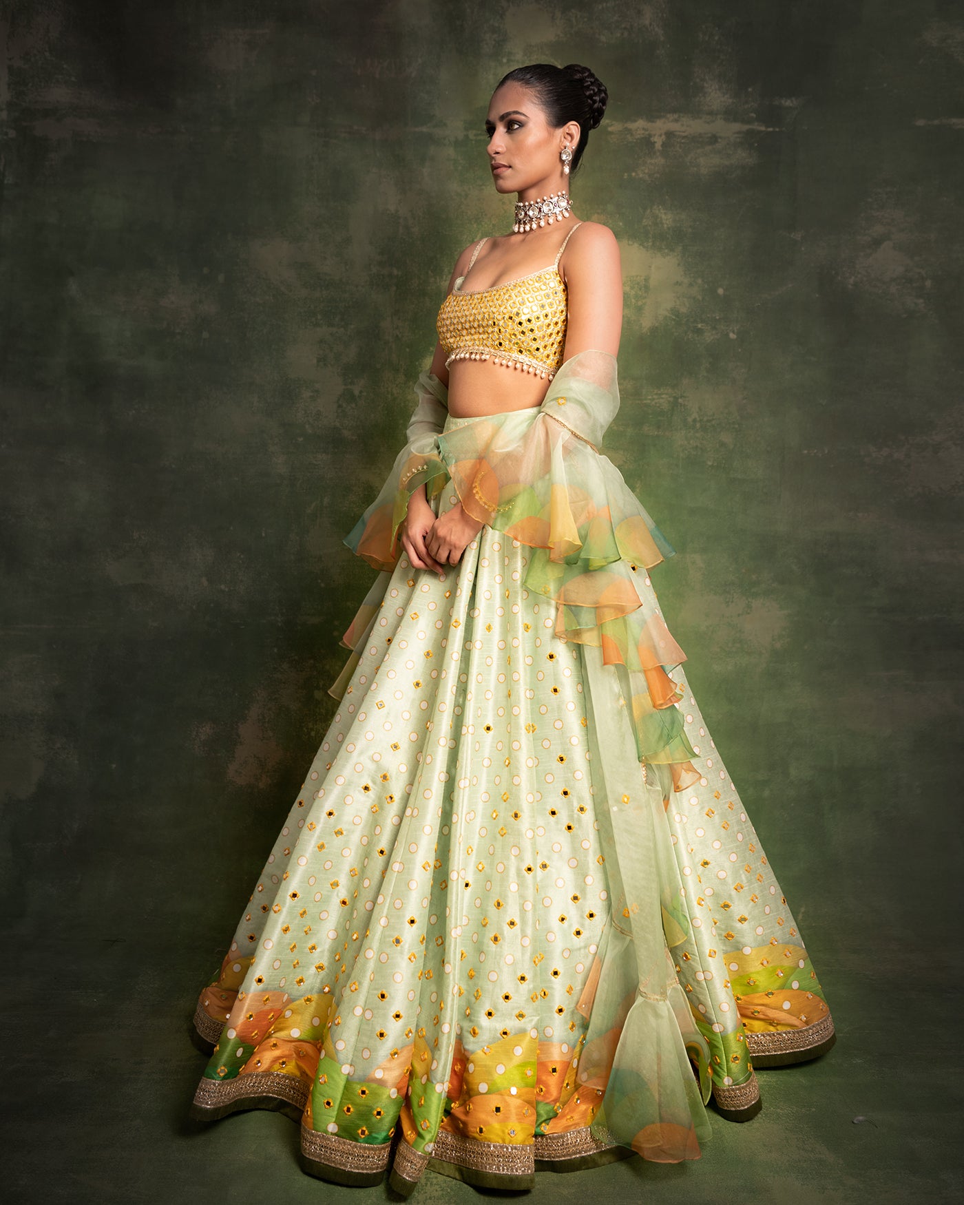 Mint green mirror embroidered lehenga