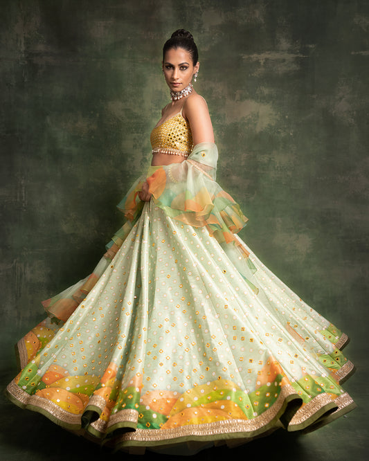 Mint green mirror embroidered lehenga