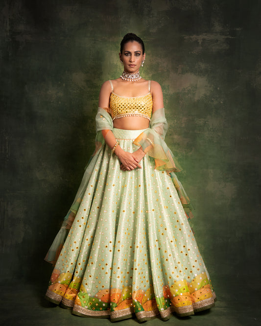 Mint green mirror embroidered lehenga