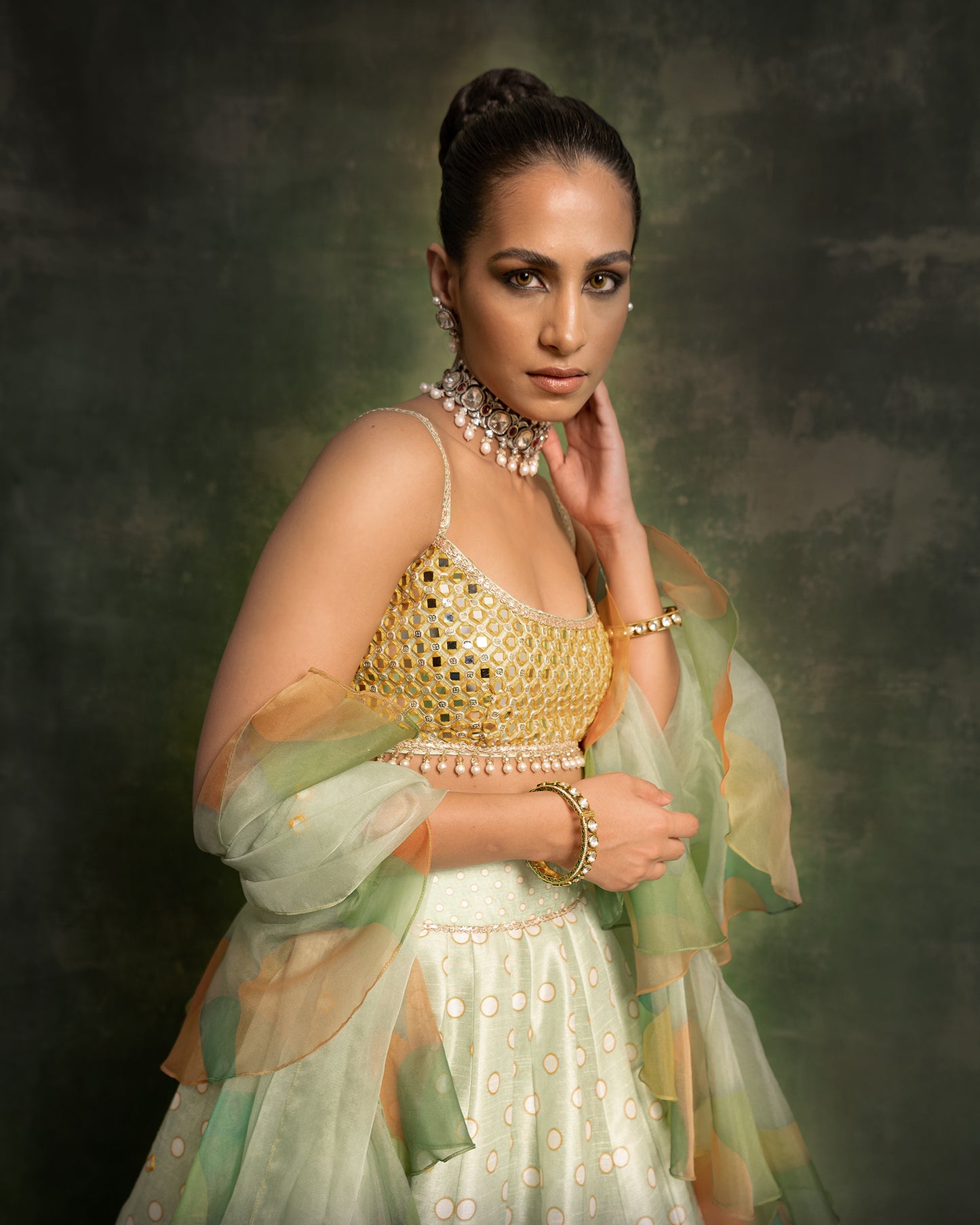 Mint green mirror embroidered lehenga