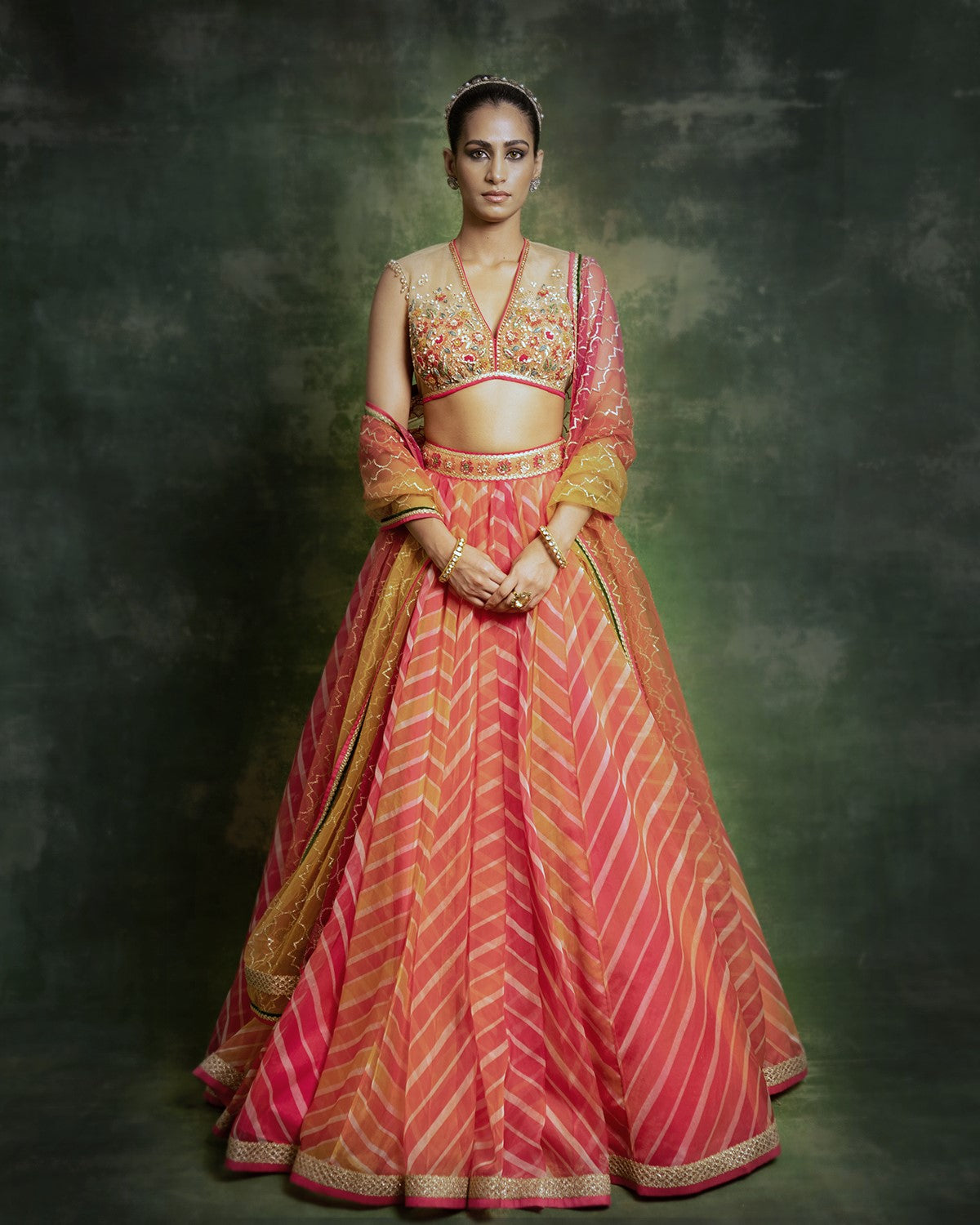 Multicolor “leheriya” print organza lehenga