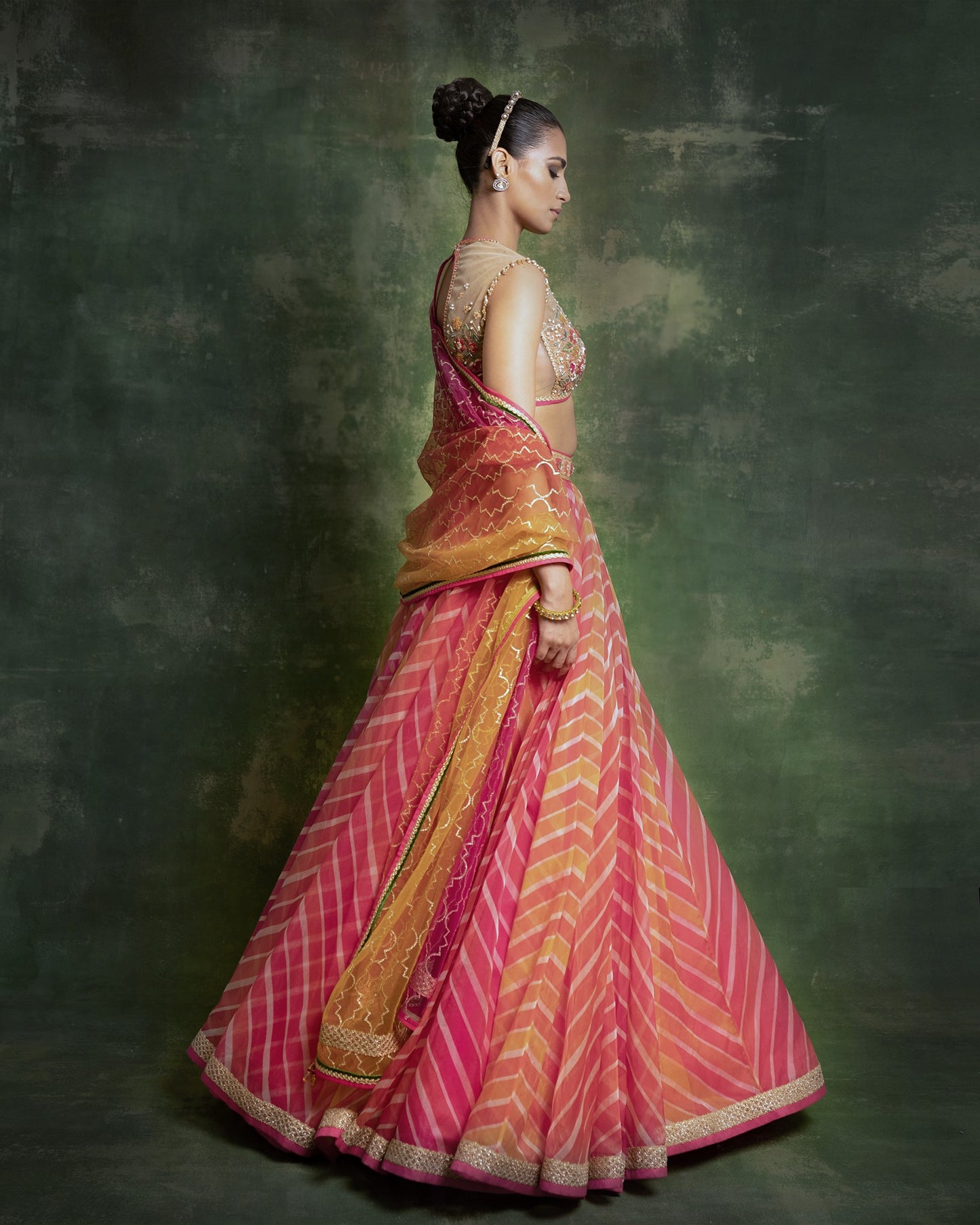 Multicolor “leheriya” print organza lehenga