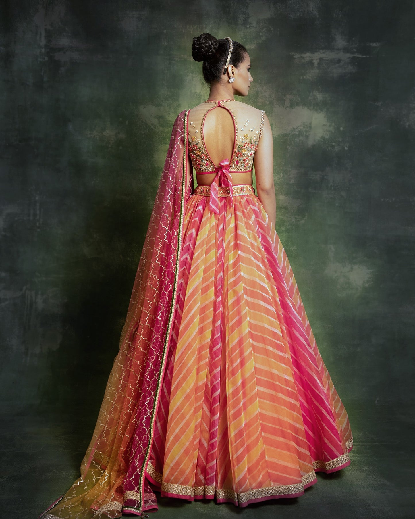 Multicolor “leheriya” print organza lehenga